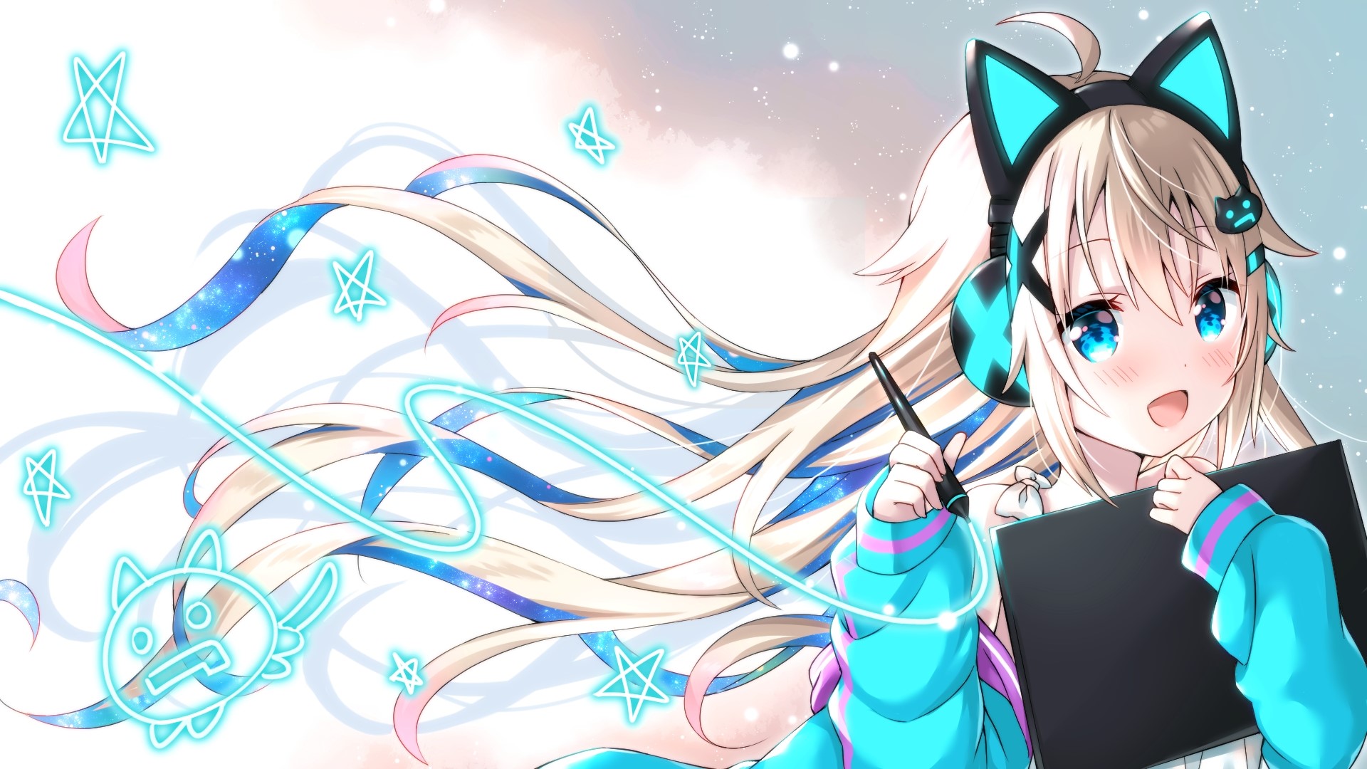 Anime girl with cat ears drawing with a tablet HD Wallpaper