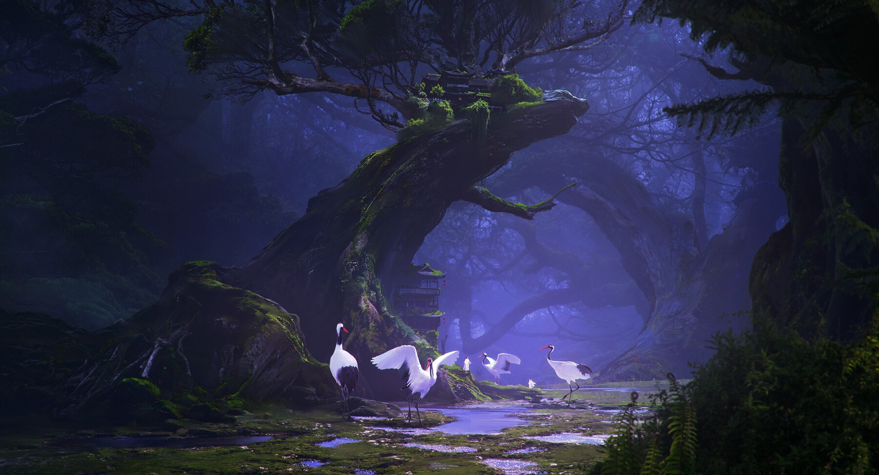 Digital painting of a mystical forest with cranes HD Wallpaper