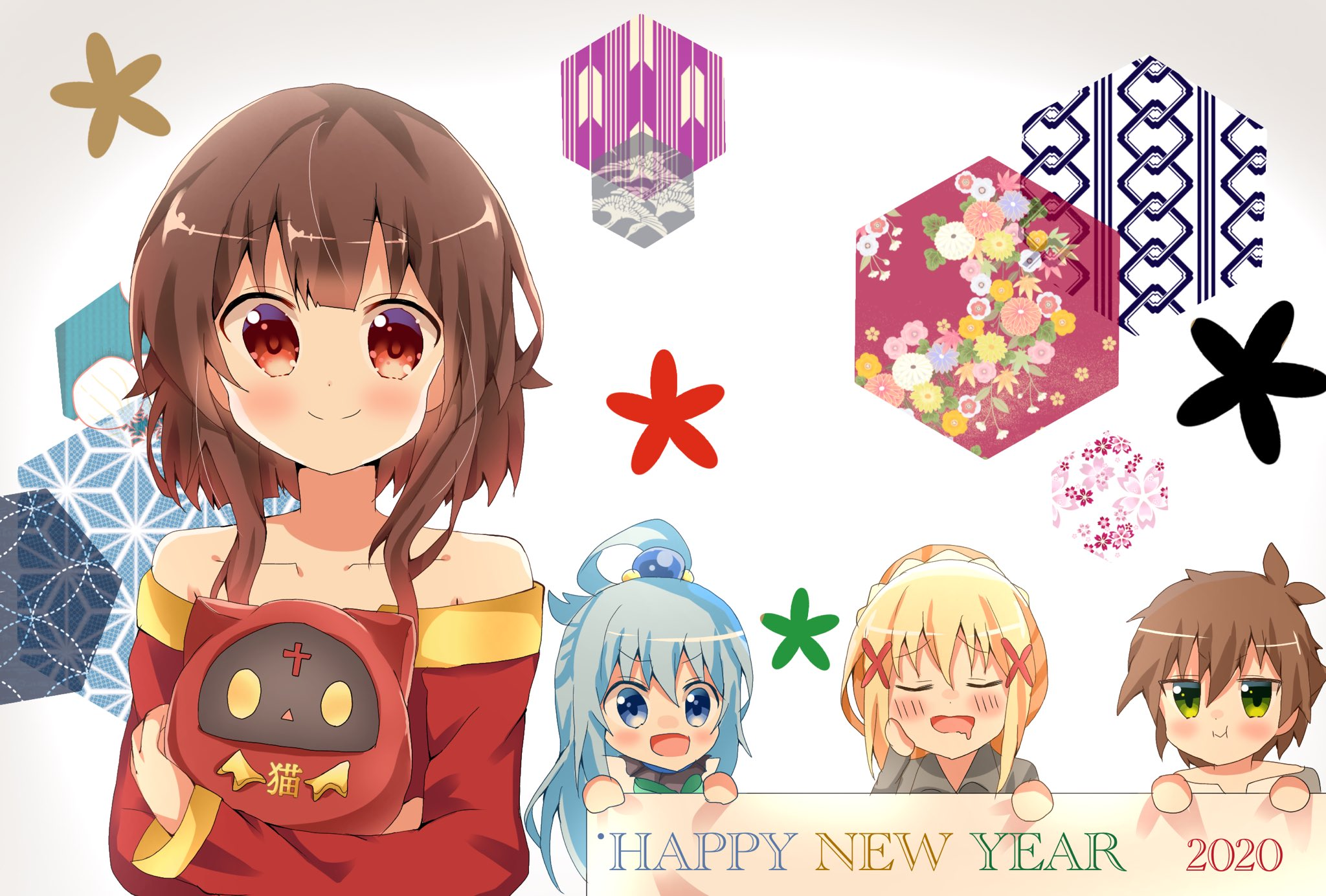Megumin, Aqua, Darkness, and Kazuma from KonoSuba celebrating New Year 2020 HD Wallpaper