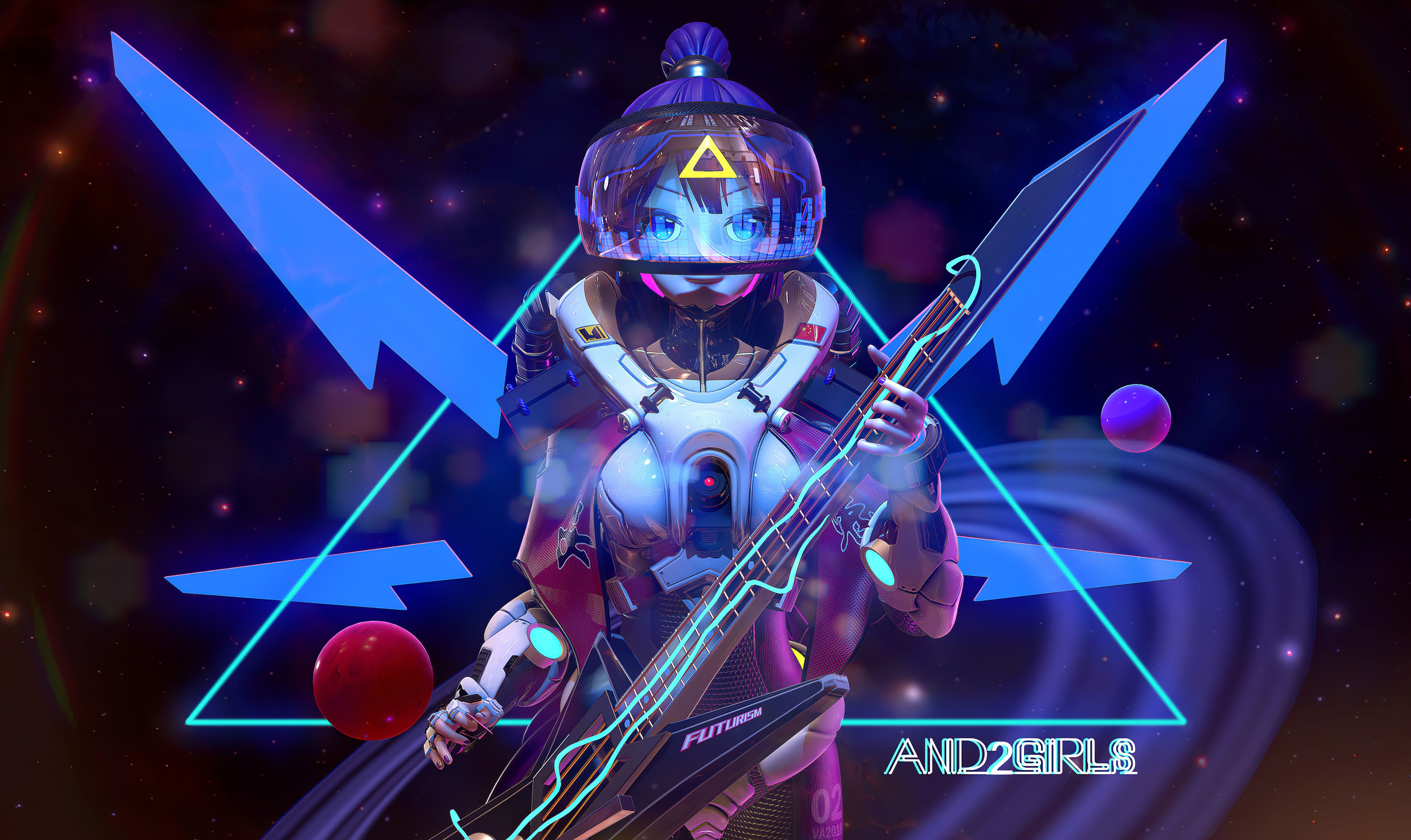 Anime girl in cyberpunk armor playing guitar HD Wallpaper