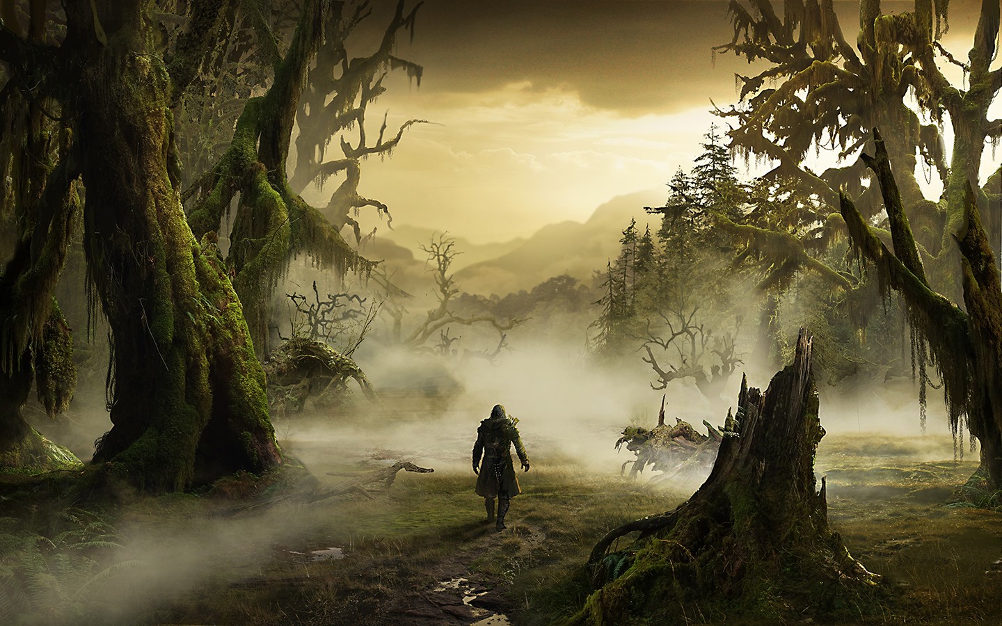 Fantasy art of a person in a swampy forest HD Wallpaper