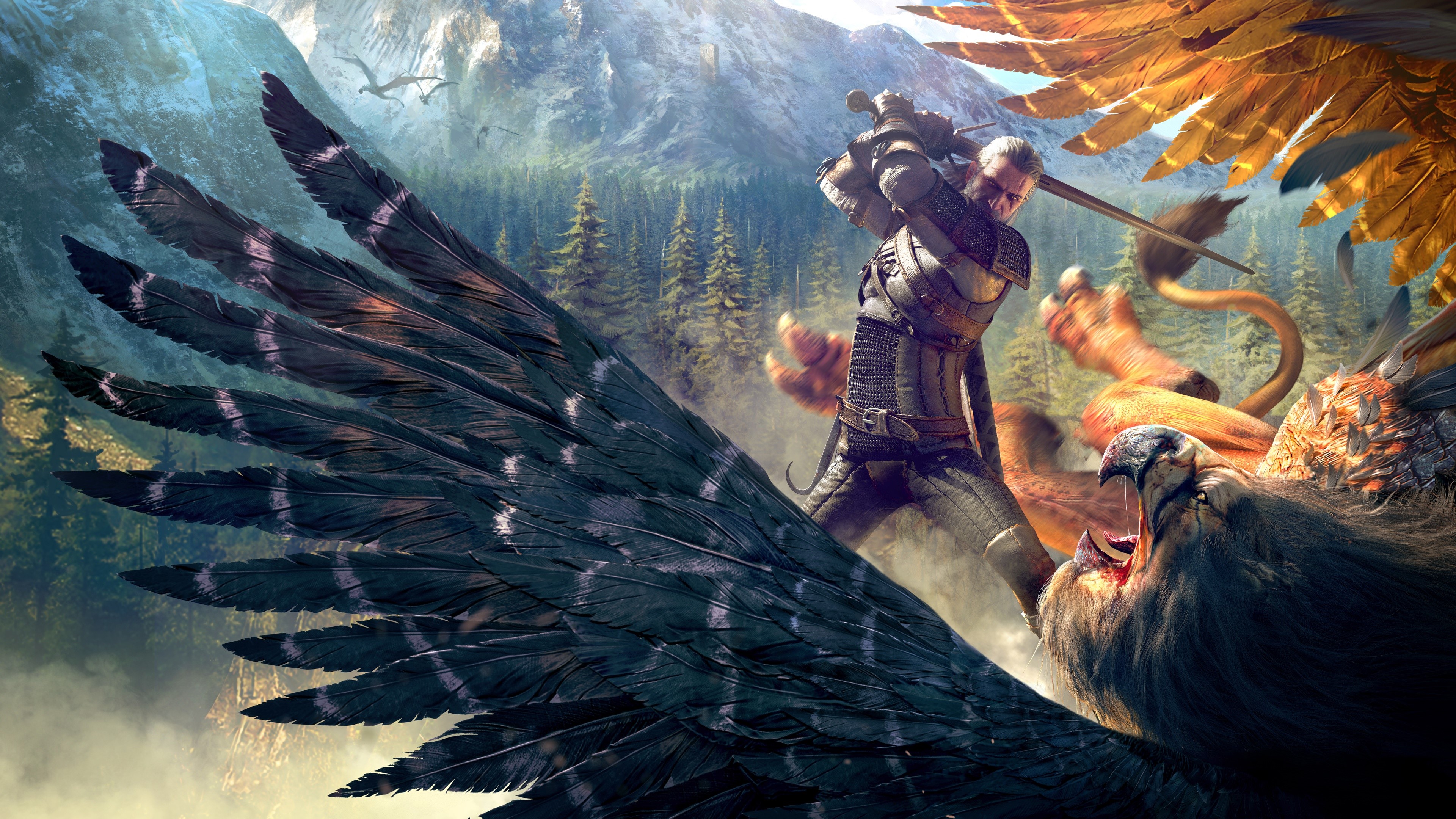 Geralt from The Witcher 3: Wild Hunt fighting a Griffin HD Wallpaper