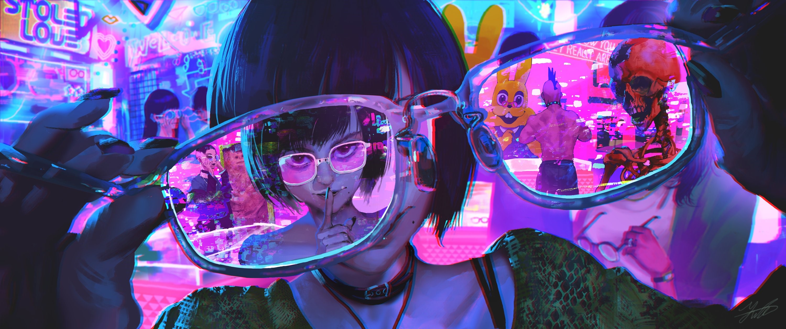 Woman holding glasses with cyberpunk scene and skeleton HD Wallpaper