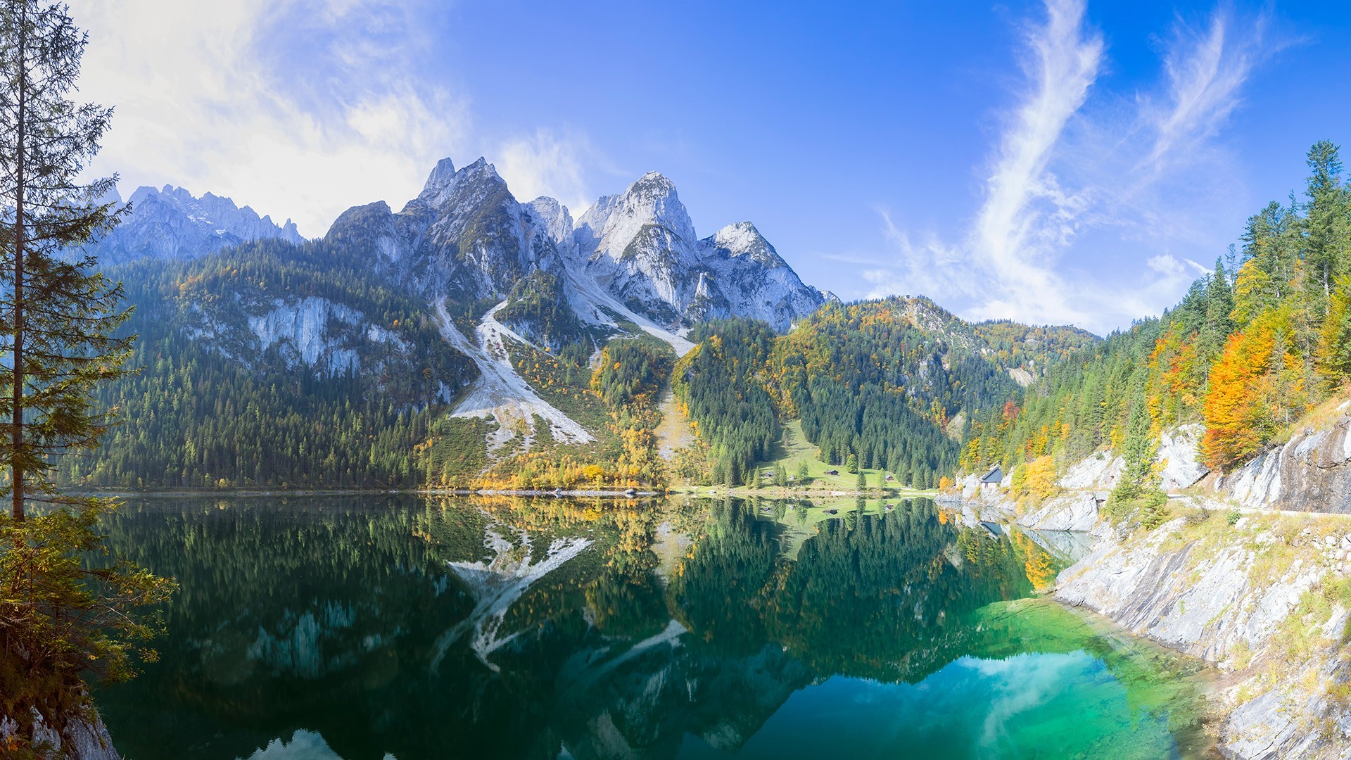 Gosausee lake with Dachstein mountains in Austria during fall HD Wallpaper