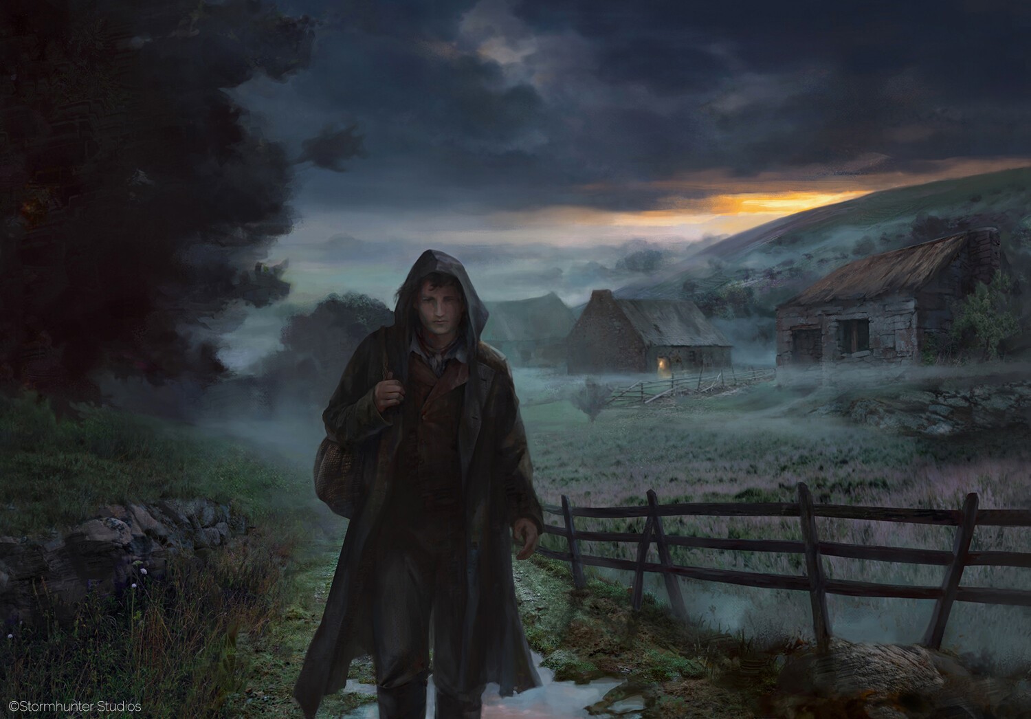 Man in hooded coat walking through a misty village at dusk HD Wallpaper