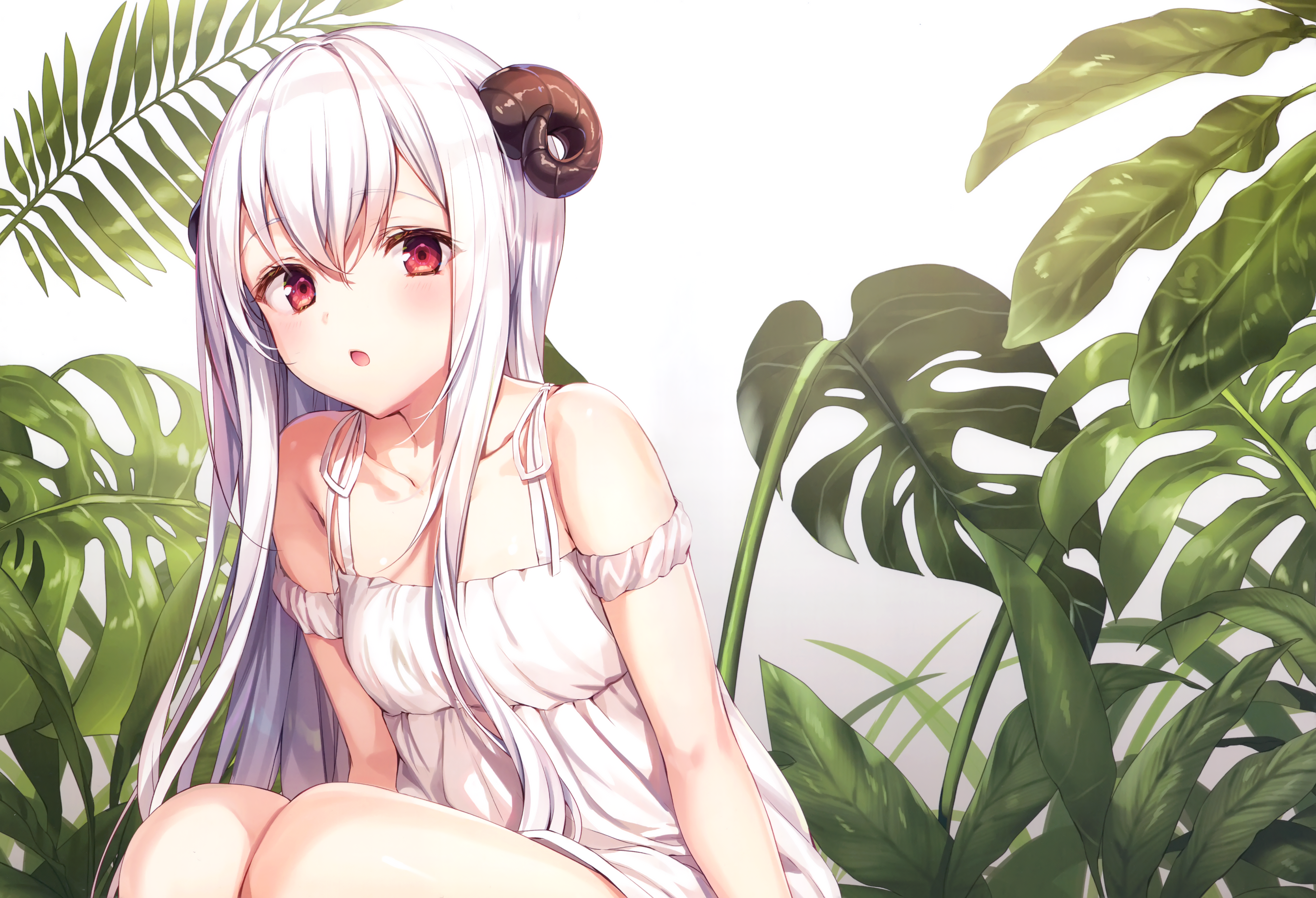 Anime girl with white hair and horns HD Wallpaper