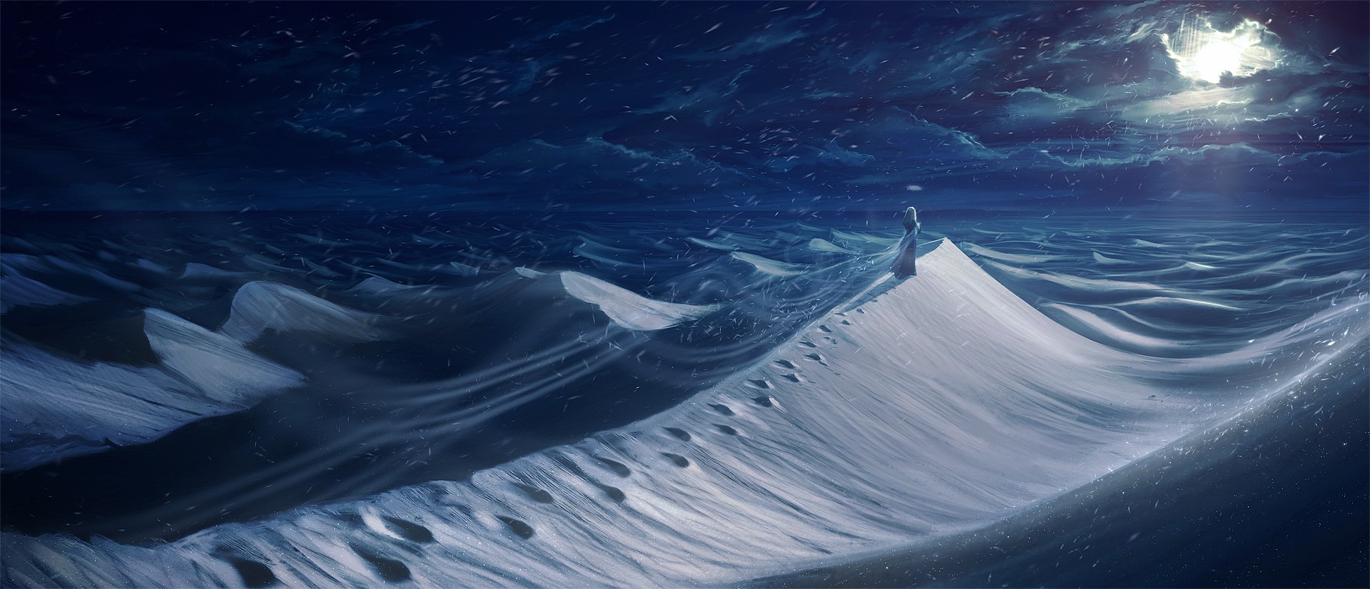 Woman standing on snow dunes under moonlight HD Wallpaper