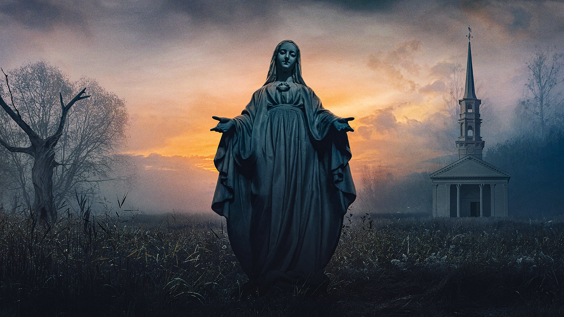 Statue of Mary in a misty field at sunset HD Wallpaper
