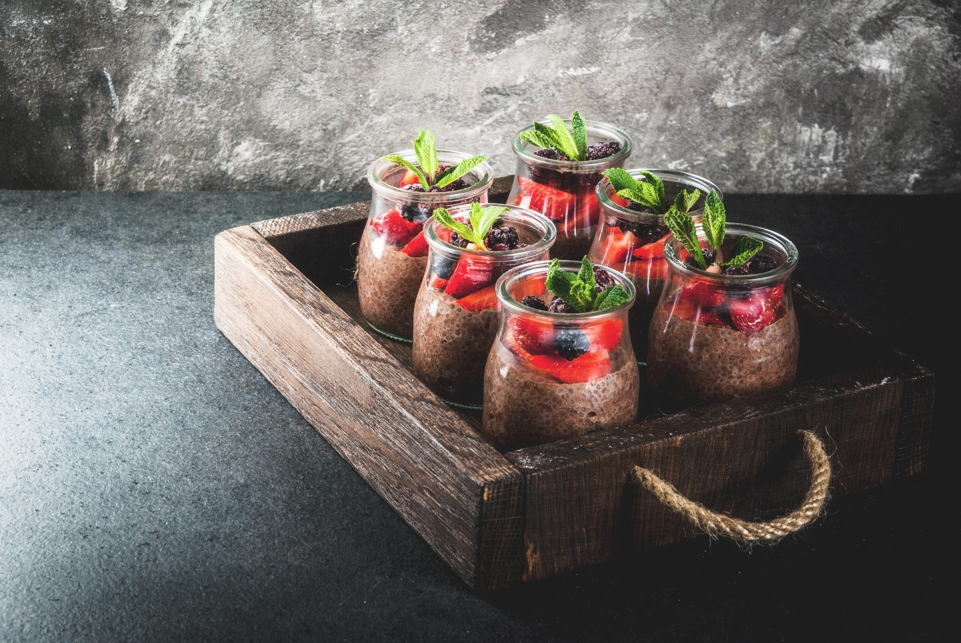 Chocolate chia pudding jars with berries and mint HD Wallpaper