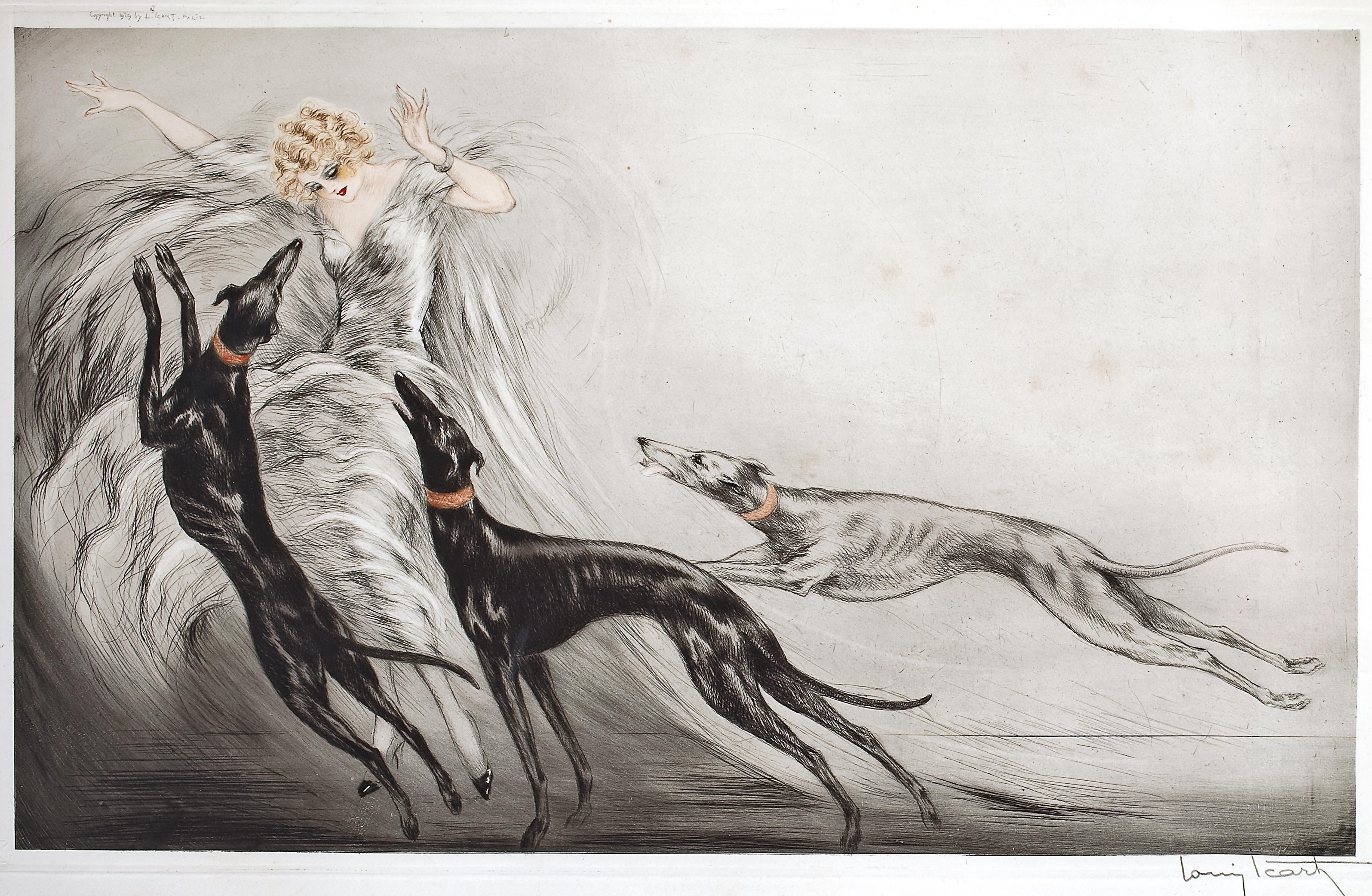 Woman with Greyhounds by Louis Icart, 1929 HD Wallpaper