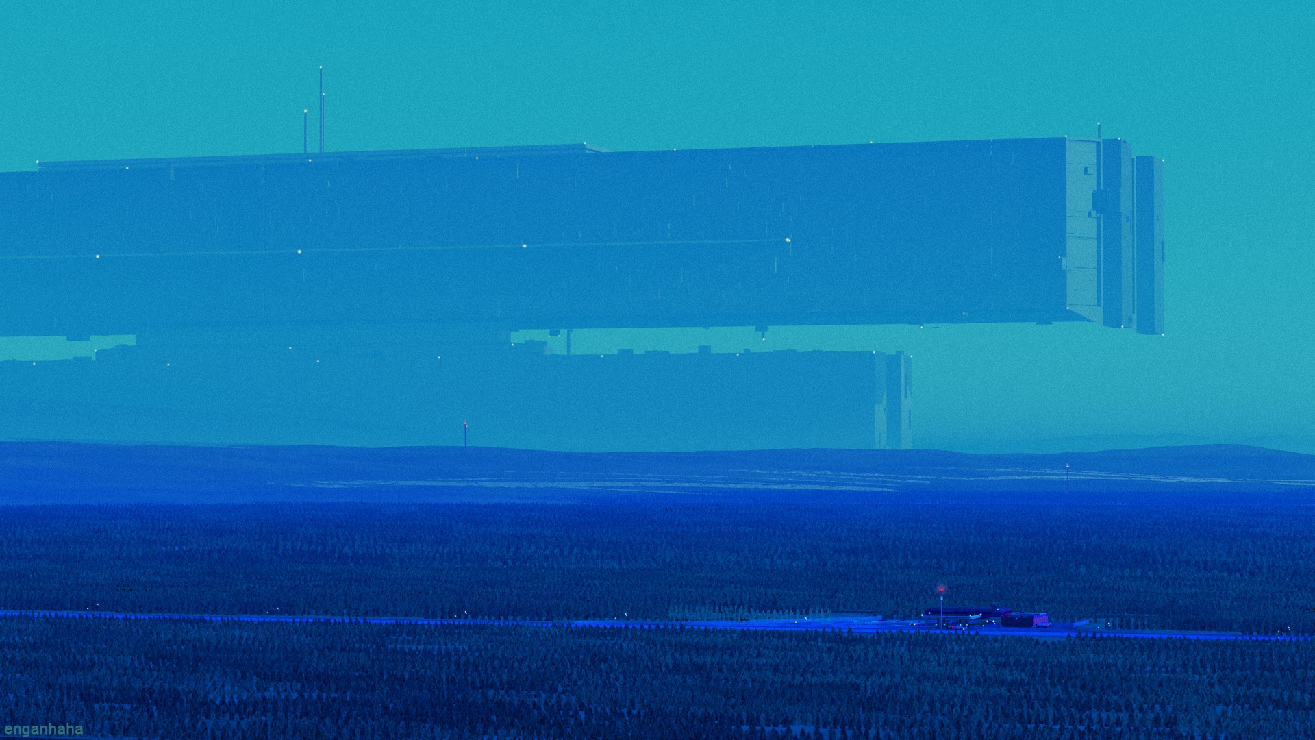 Futuristic structures over a dark forest landscape HD Wallpaper