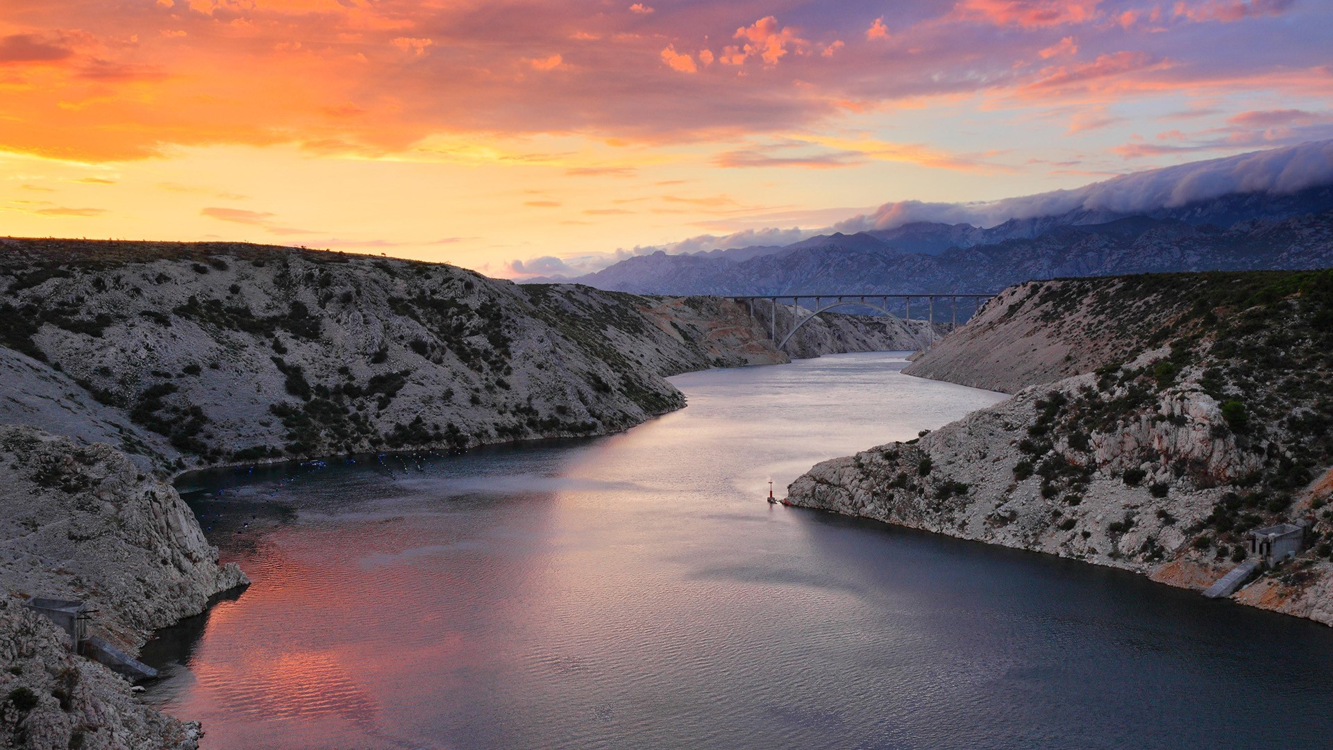 Bridge over a river at sunset in Croatia HD Wallpaper
