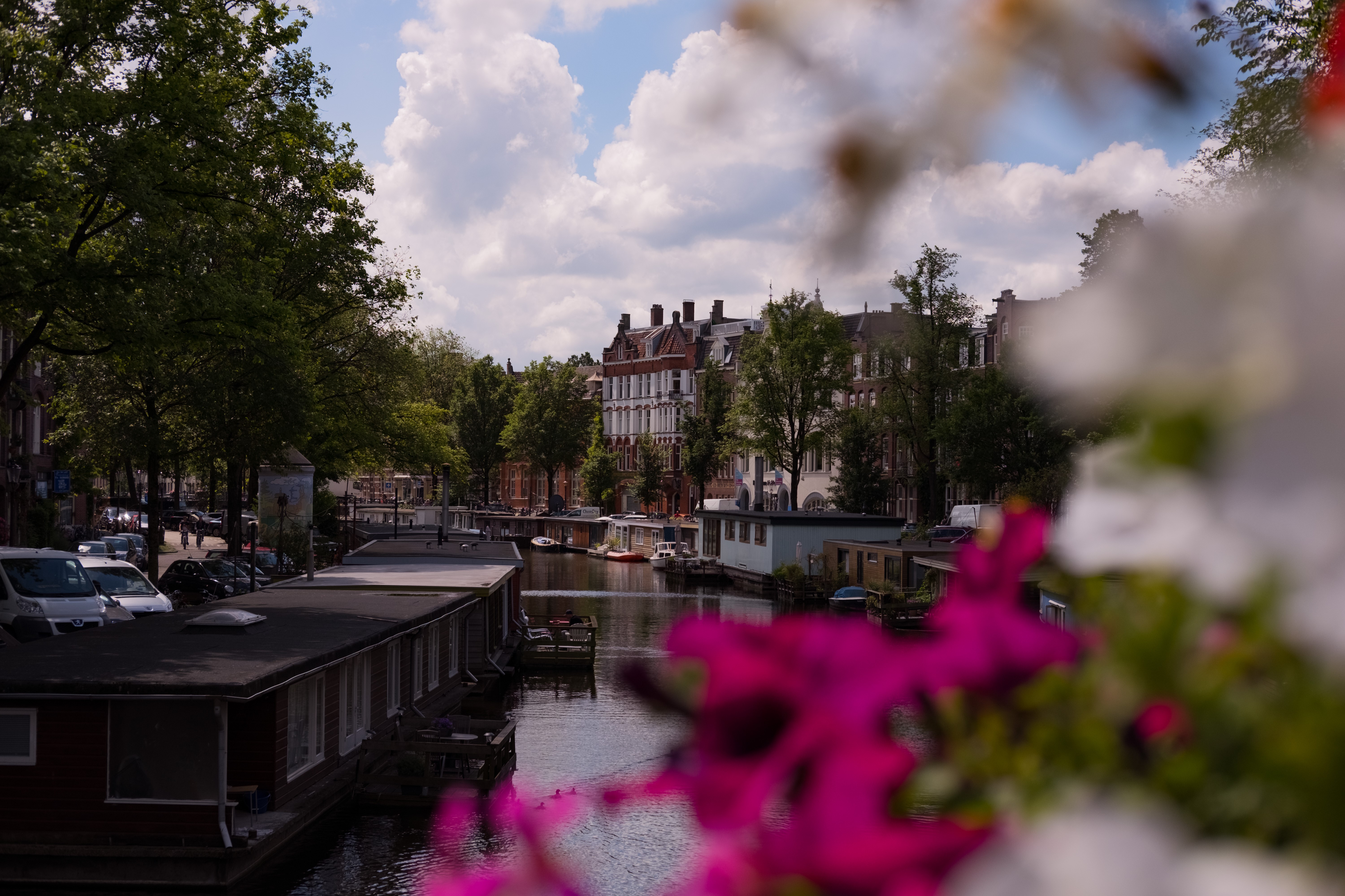 Amsterdam canal with houseboats and buildings HD Wallpaper