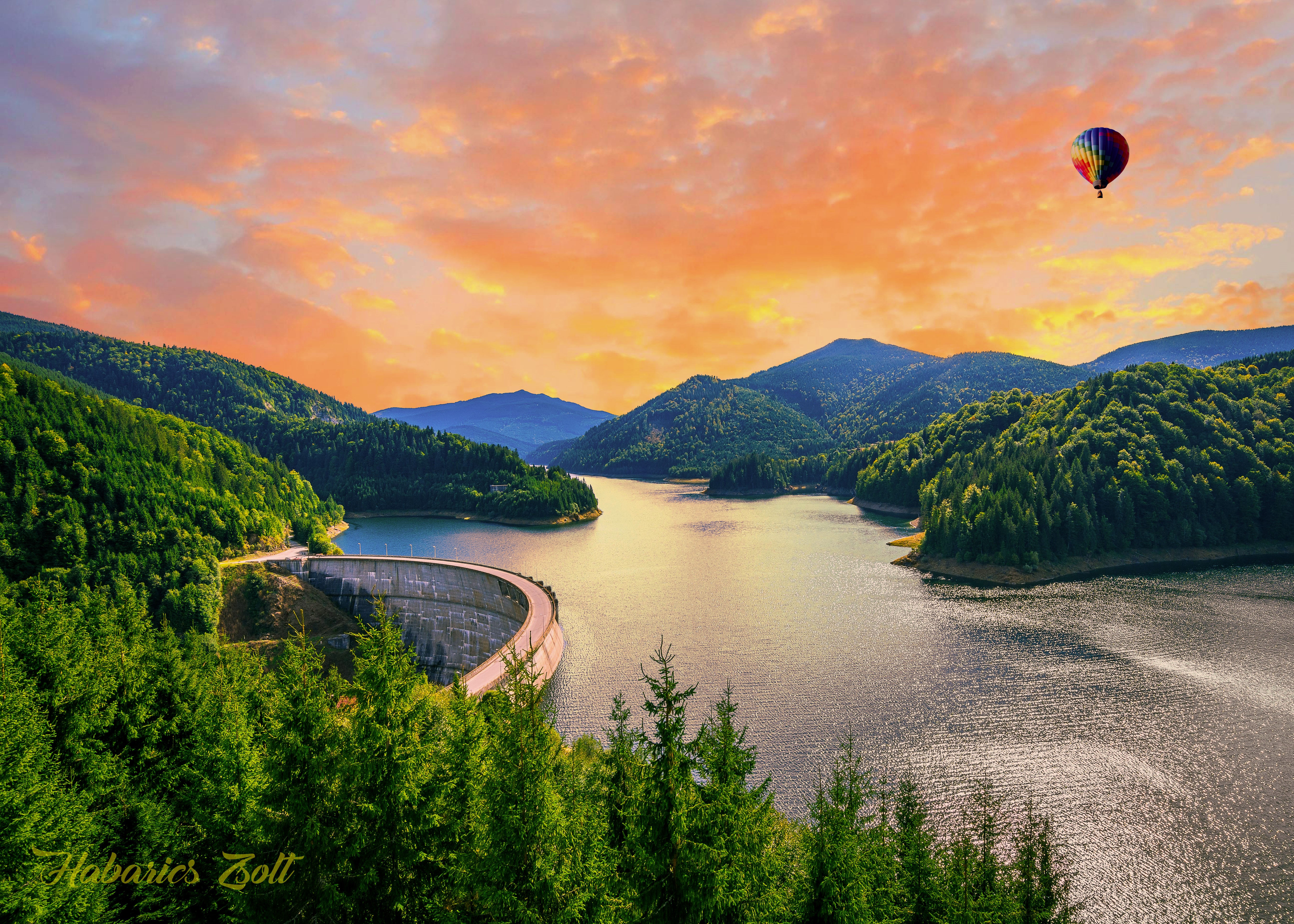 Dam and hot air balloon over lake in Romania HD Wallpaper