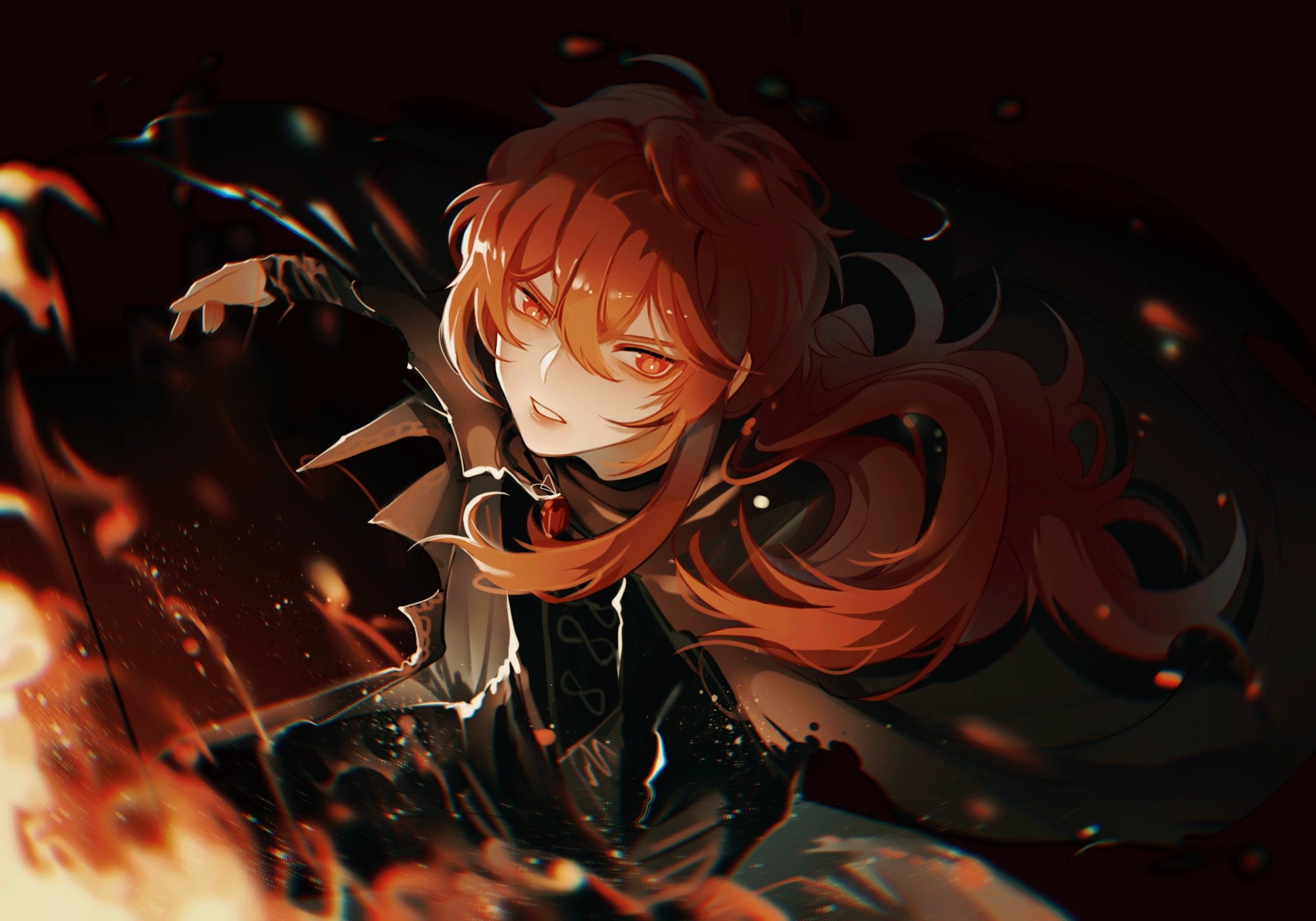 Diluc from Genshin Impact surrounded by fire HD Wallpaper