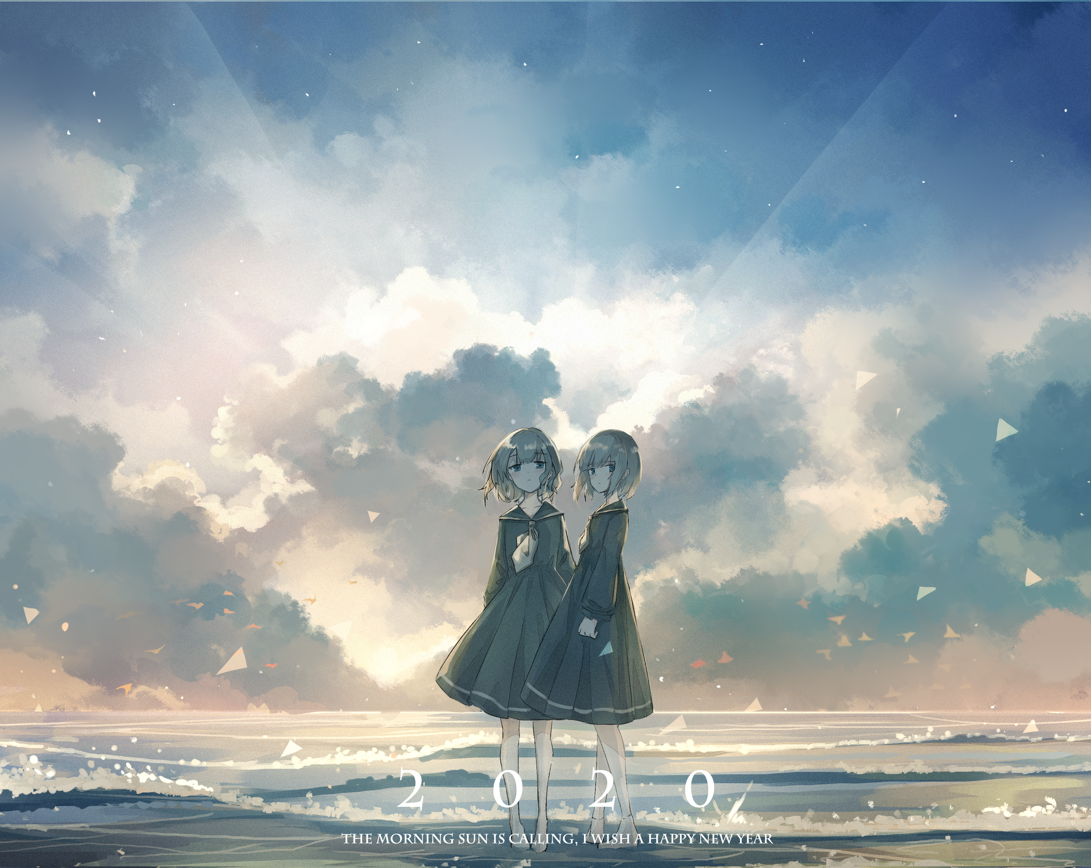 Anime girls on a beach at sunrise with 2020 text HD Wallpaper