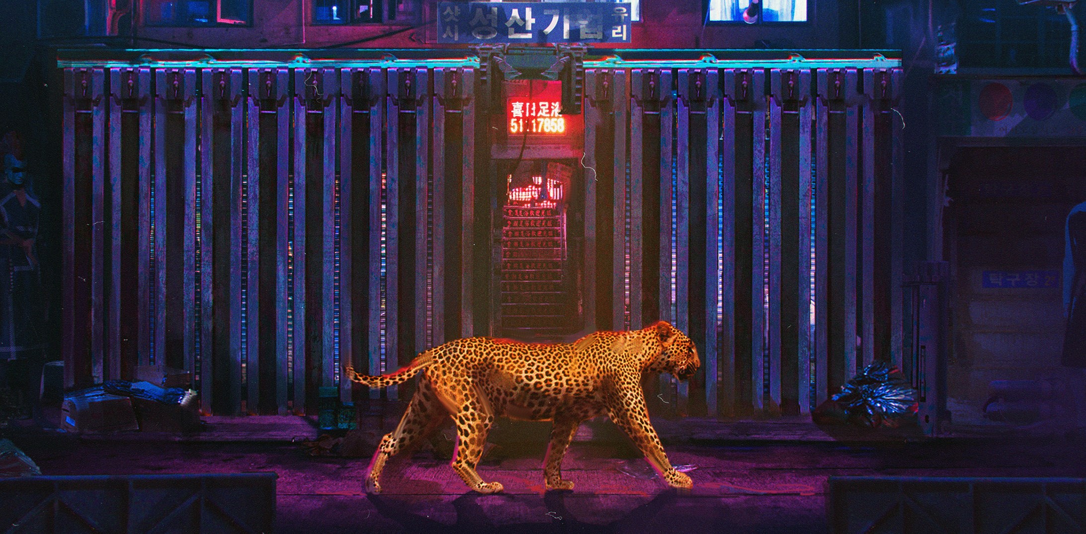 Leopard walking in a neon-lit city alley at night HD Wallpaper