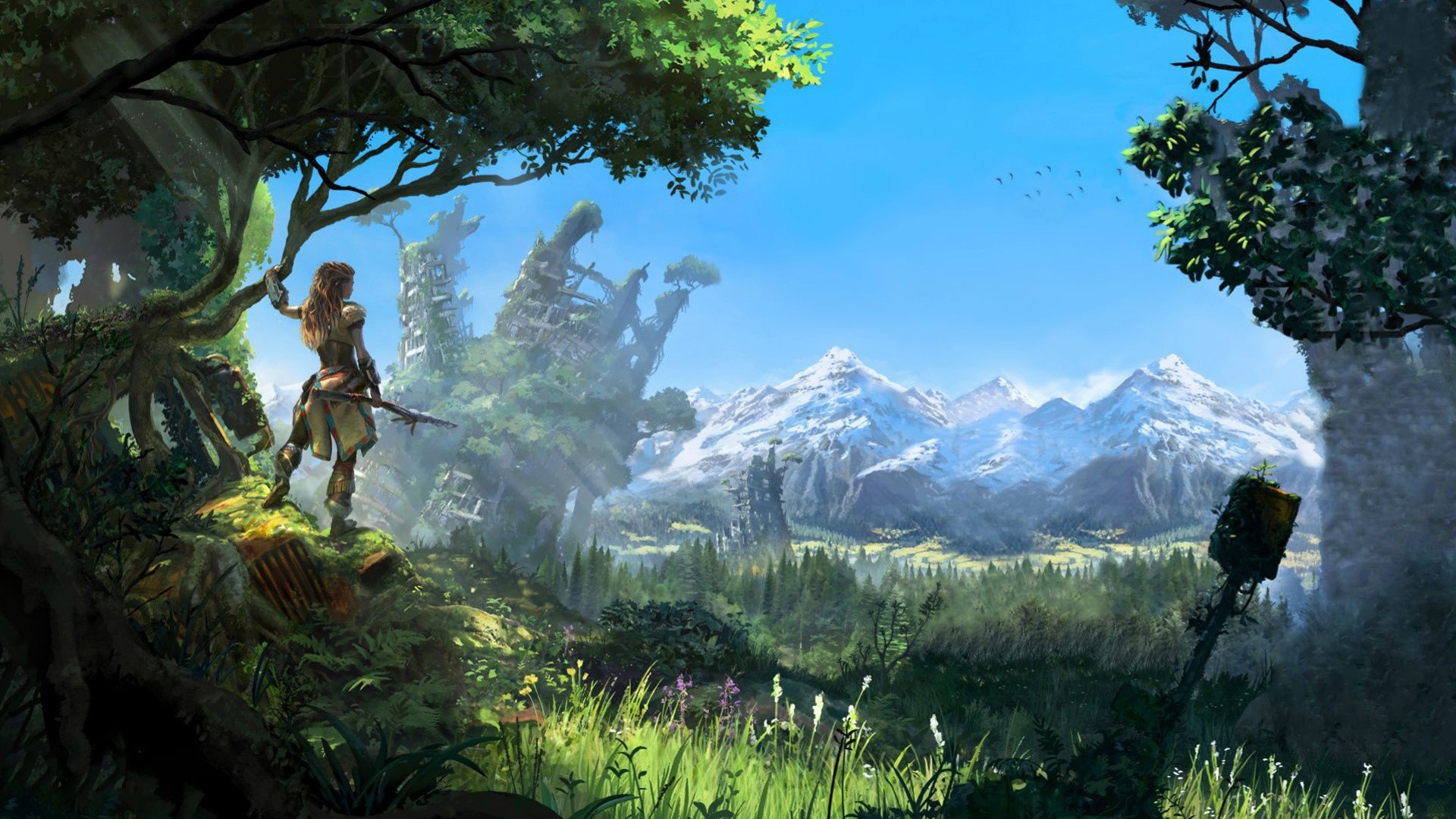 Aloy from Horizon Zero Dawn in a forest with mountains HD Wallpaper