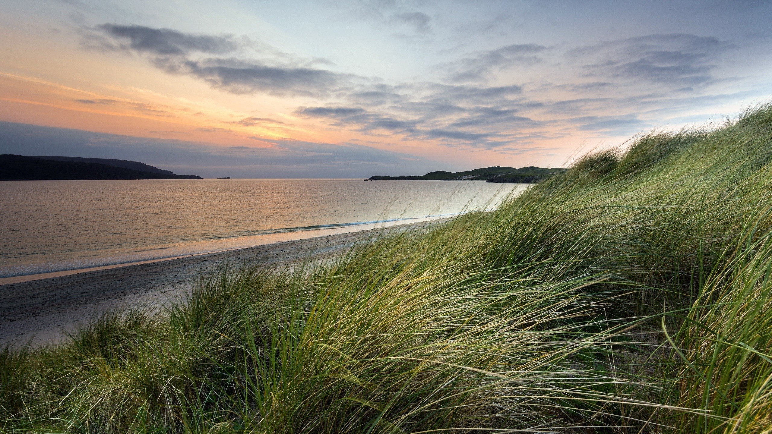 Grassy dunes overlooking a calm sea at sunset HD Wallpaper