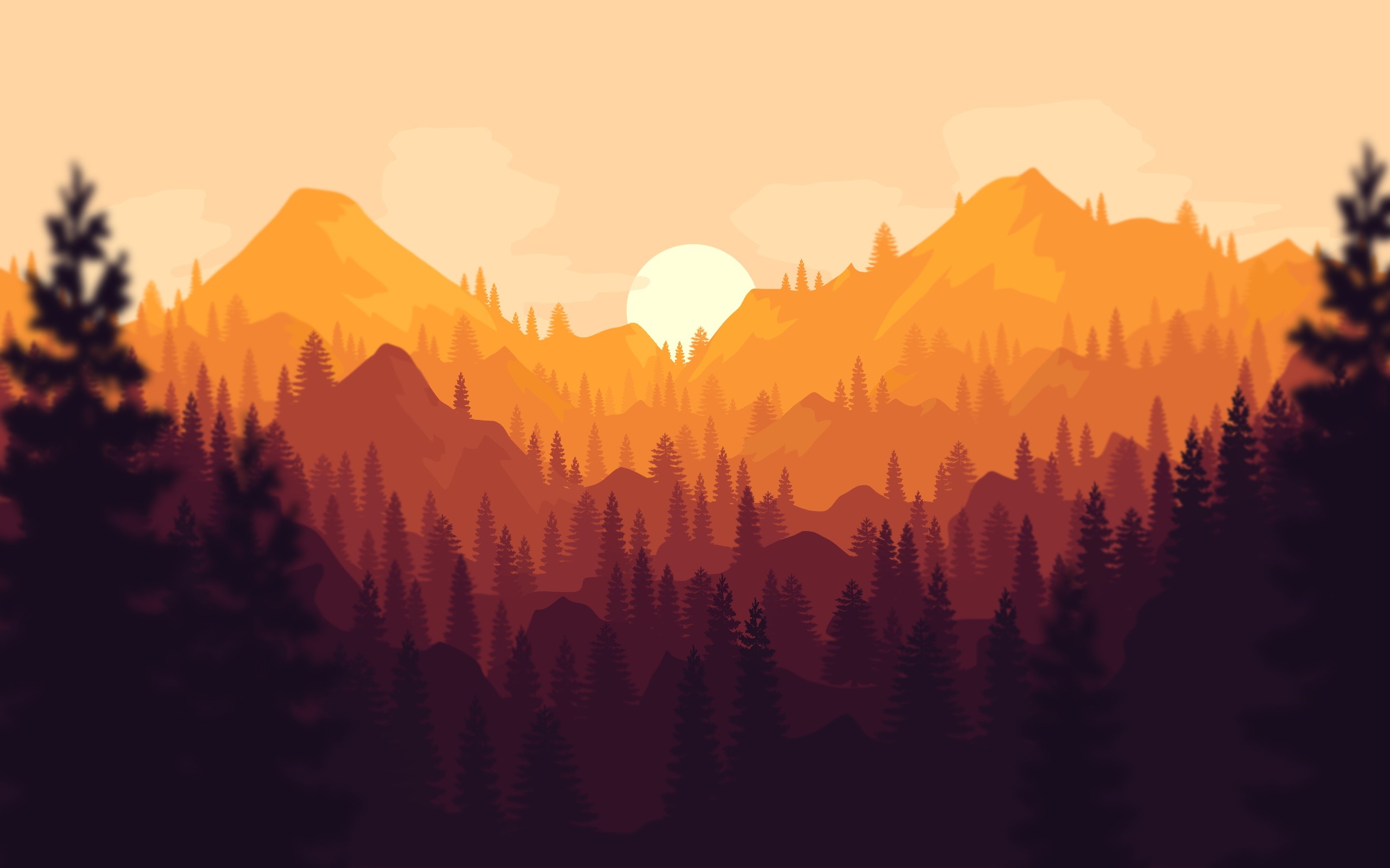 Artwork of a forest at sunset with mountains HD Wallpaper