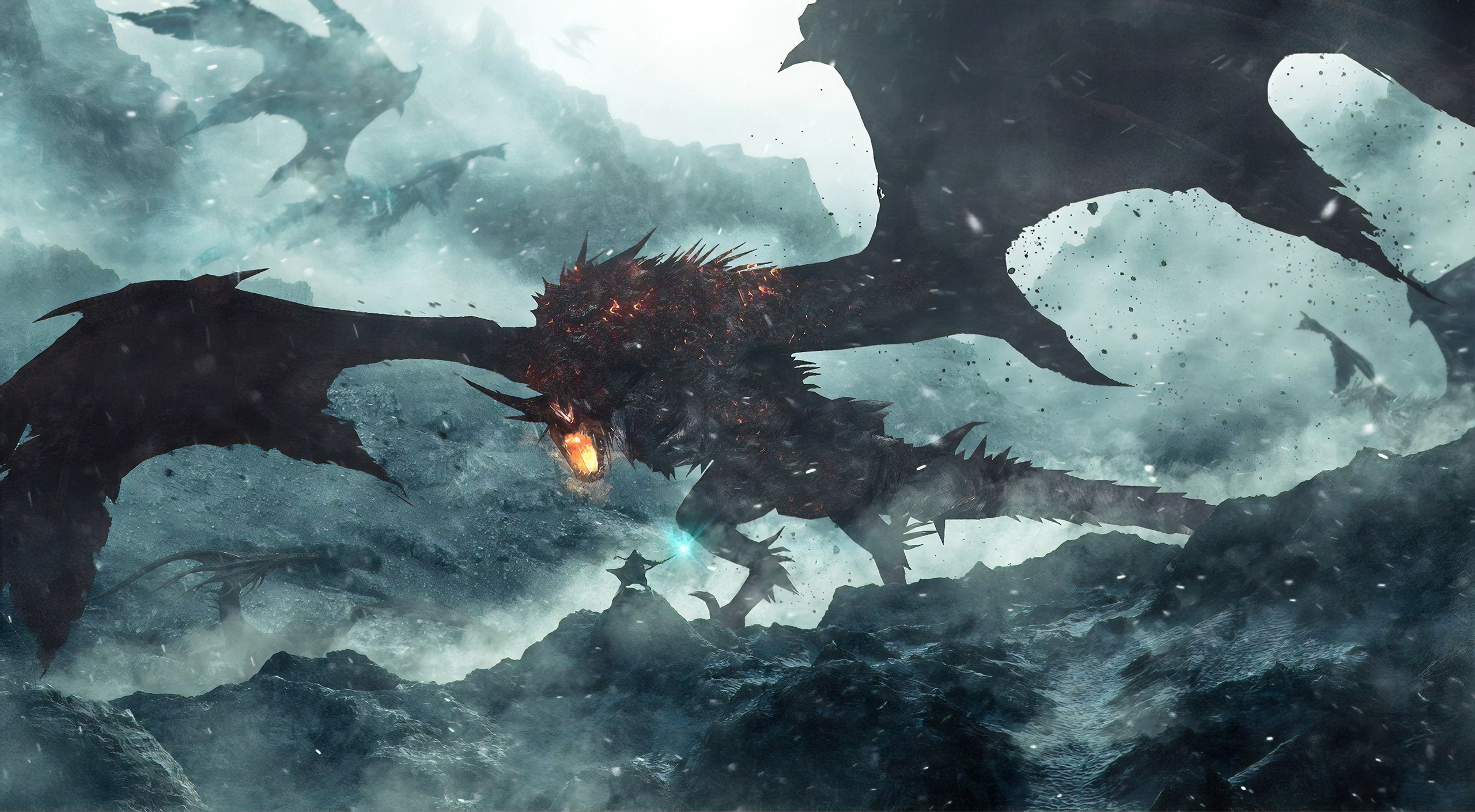 Fantasy art of dragons in a snowy landscape HD Wallpaper