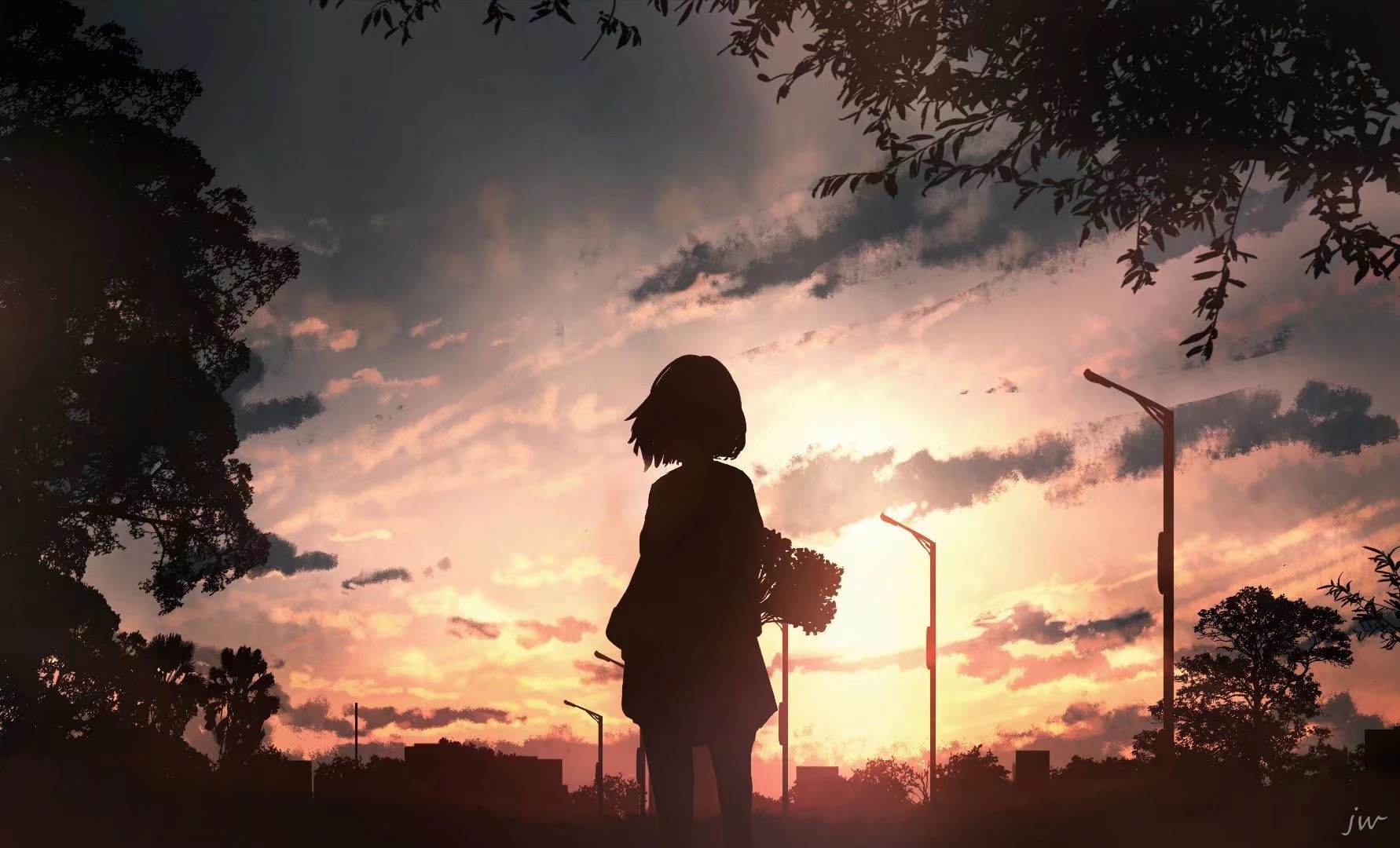 Anime girl with flowers at sunset HD Wallpaper