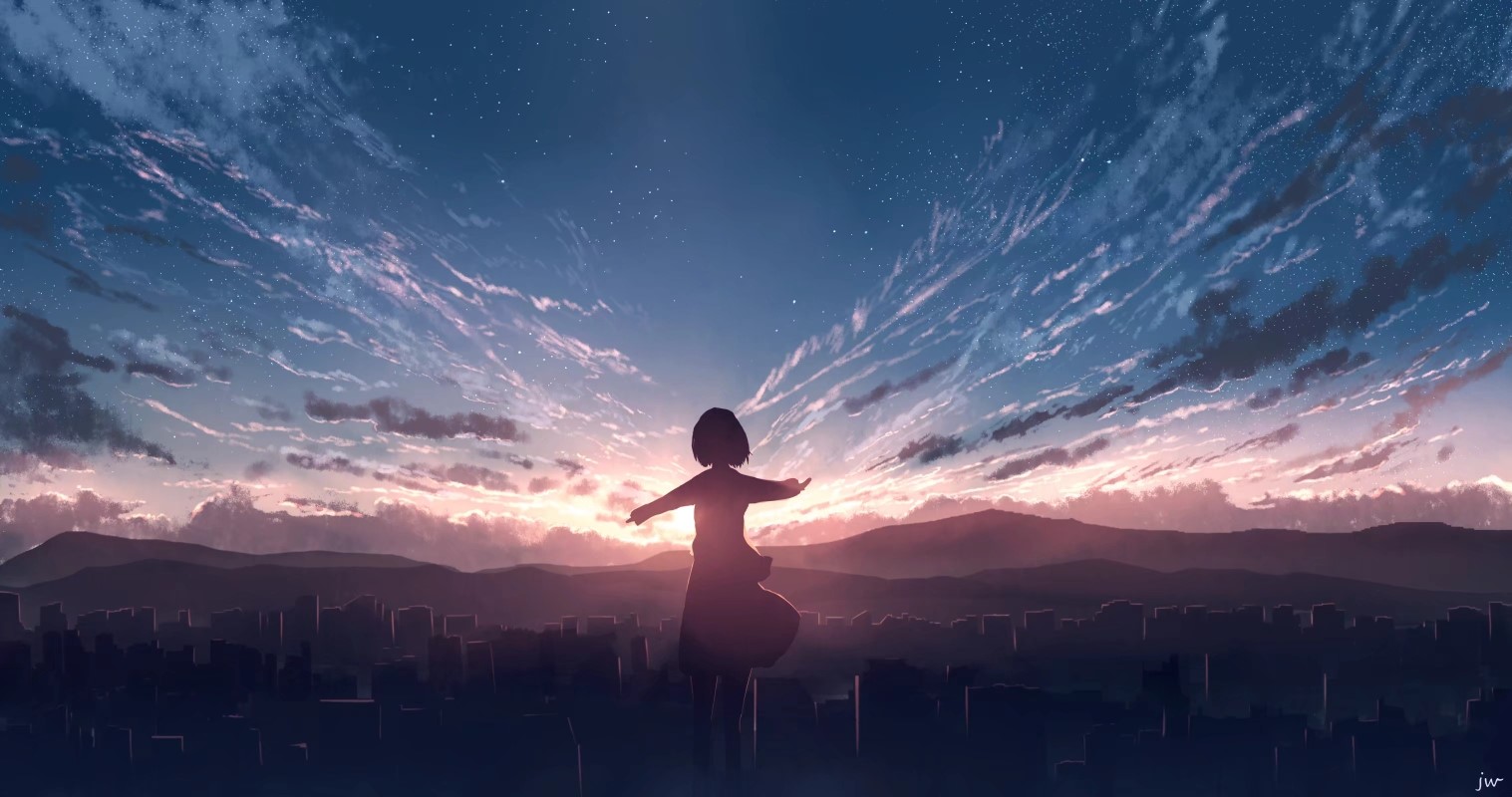 Anime girl silhouette against a sunset sky over city HD Wallpaper