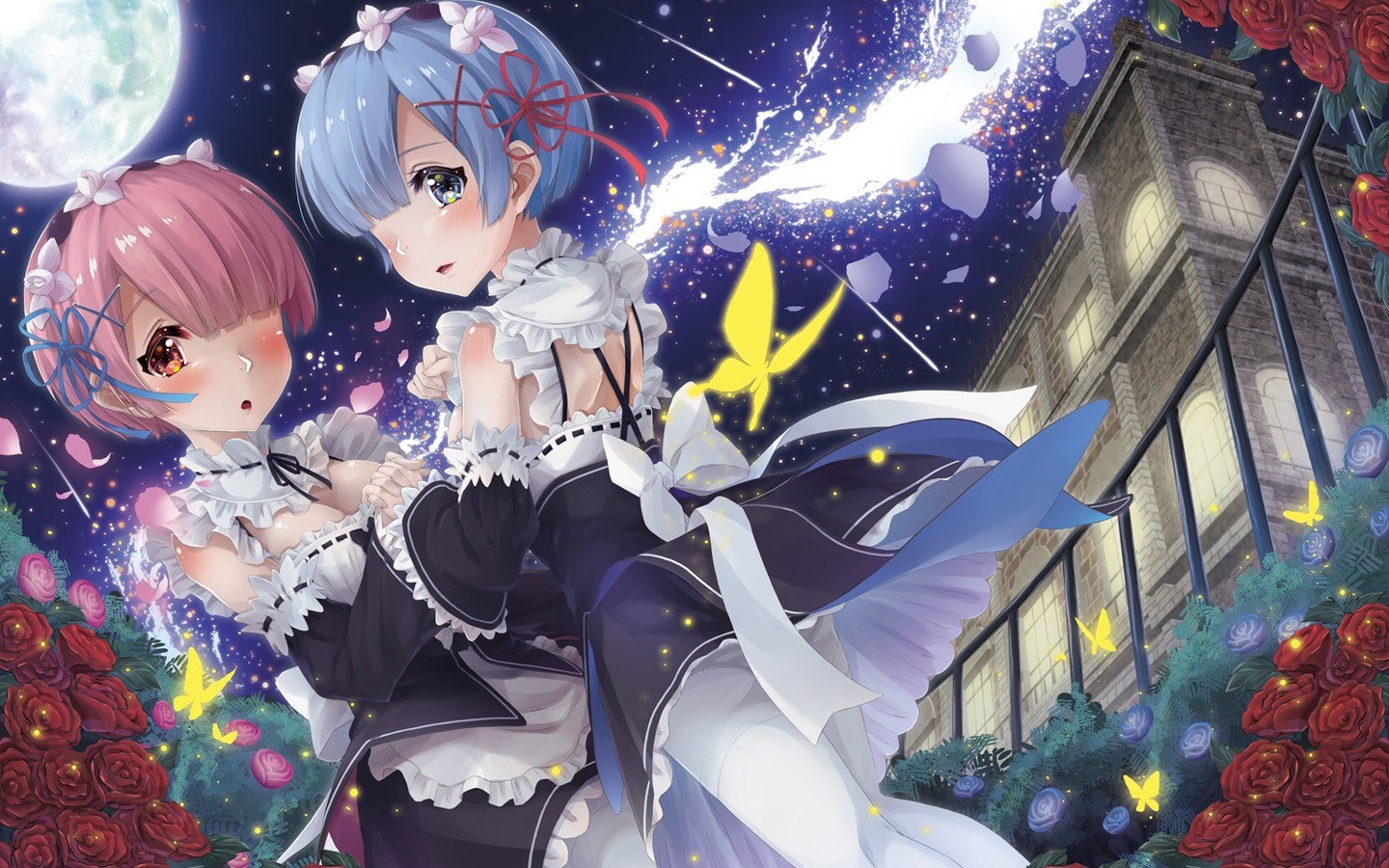 Rem and Ram from Re:Zero in a garden at night HD Wallpaper