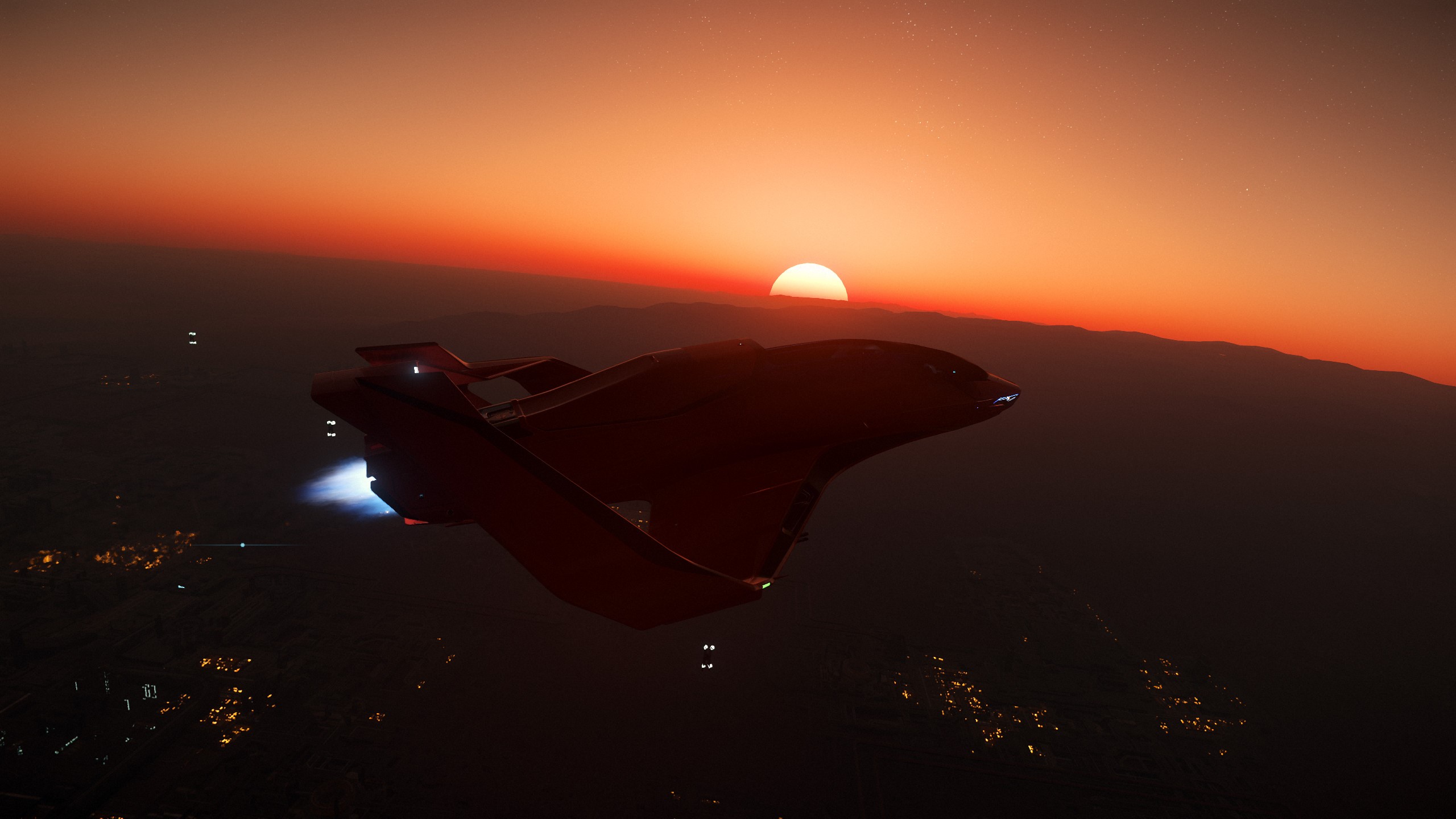 Star Citizen: Red spaceship flying at sunset HD Wallpaper