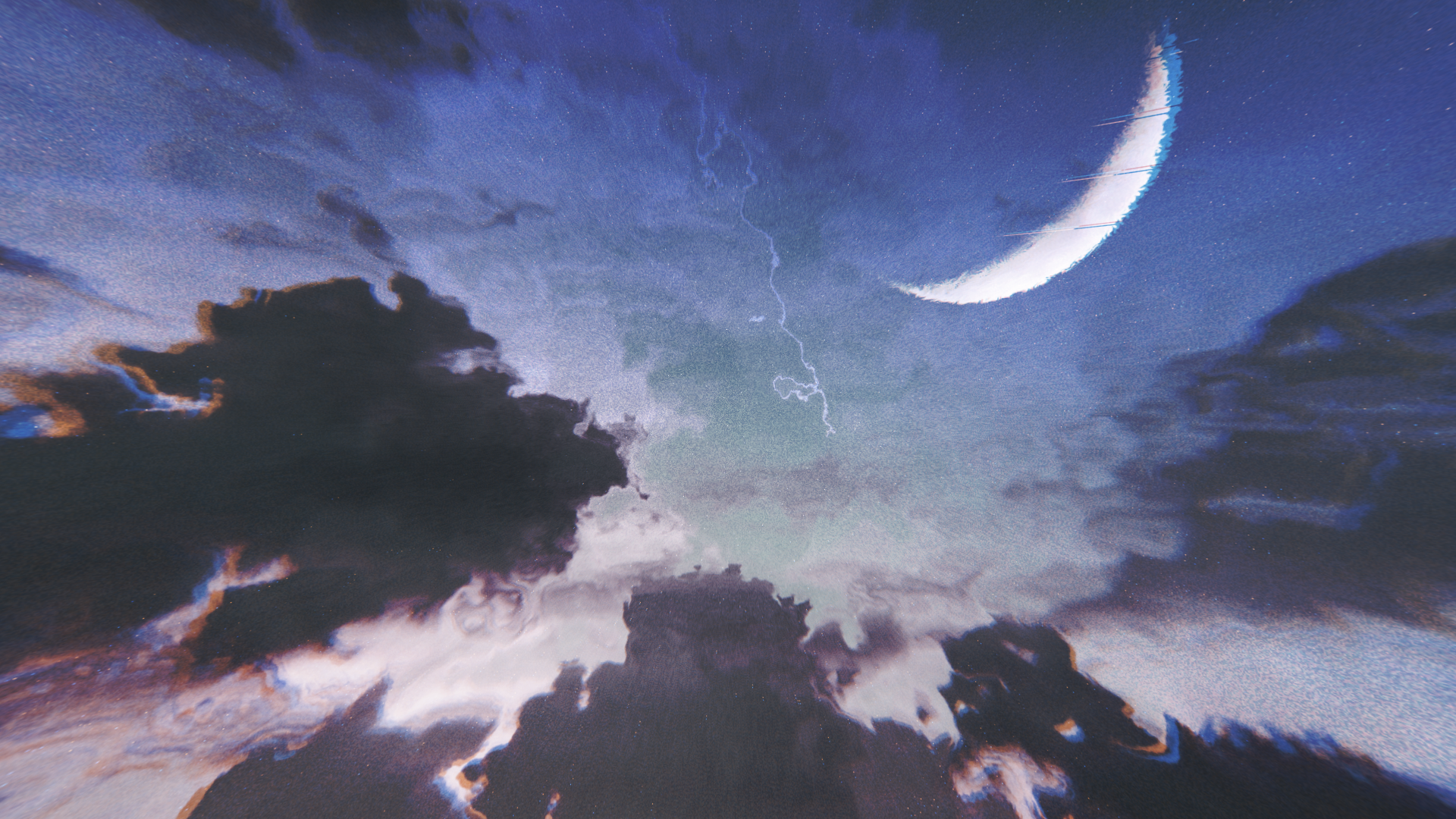 Glitch art of a crescent moon and stormy clouds HD Wallpaper
