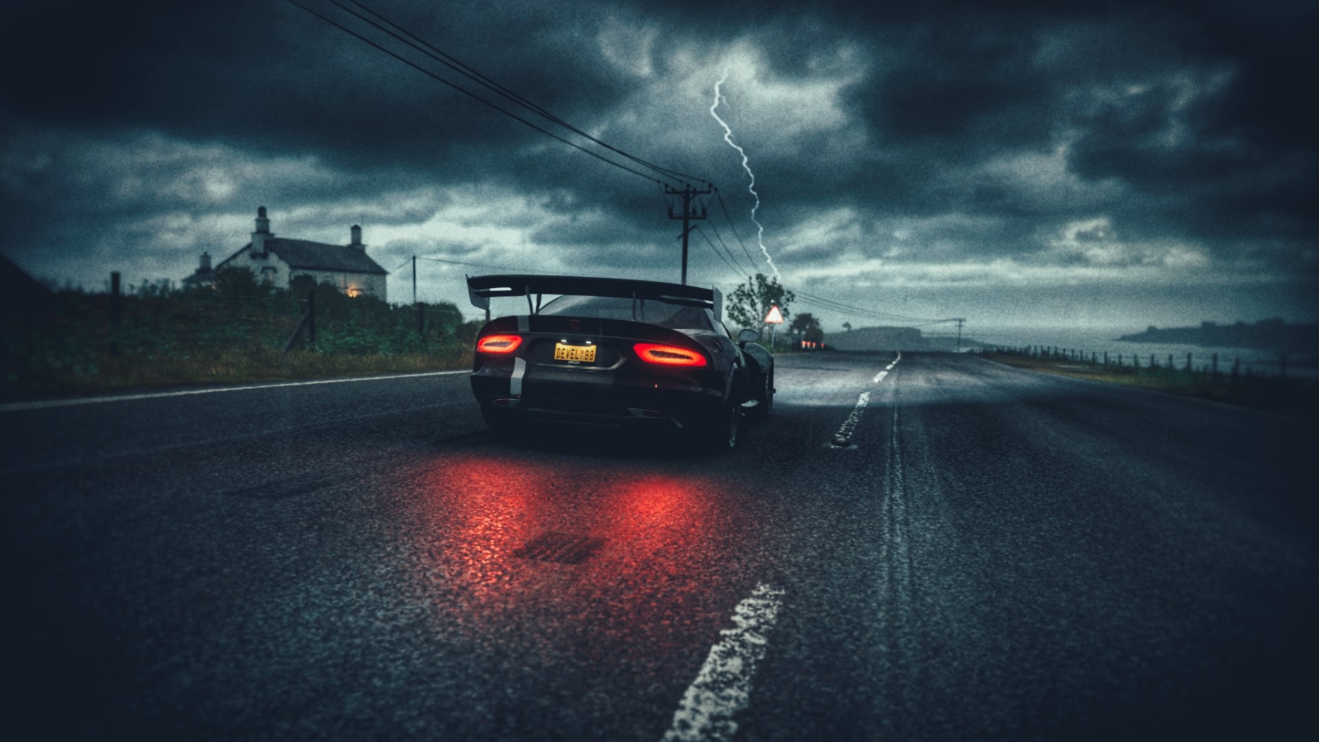 Dodge Viper ACR on a stormy road in Forza Horizon 4 HD Wallpaper