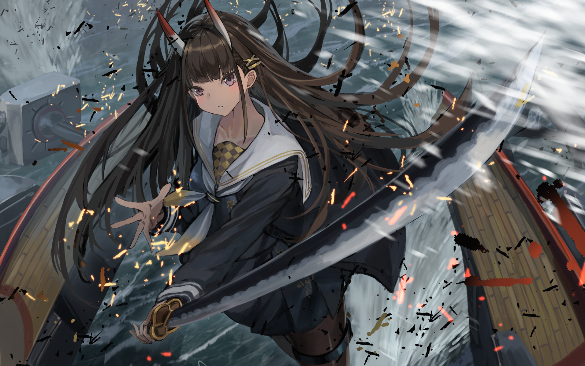 Noshiro from Azur Lane with a sword HD Wallpaper