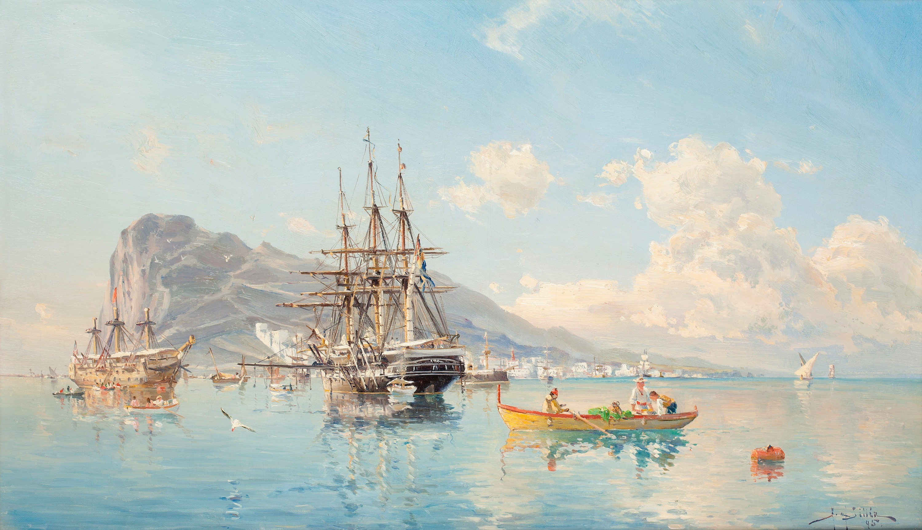 Ships in a Harbor with a Mountainous Background by Hermann Gustav af Sillen HD Wallpaper