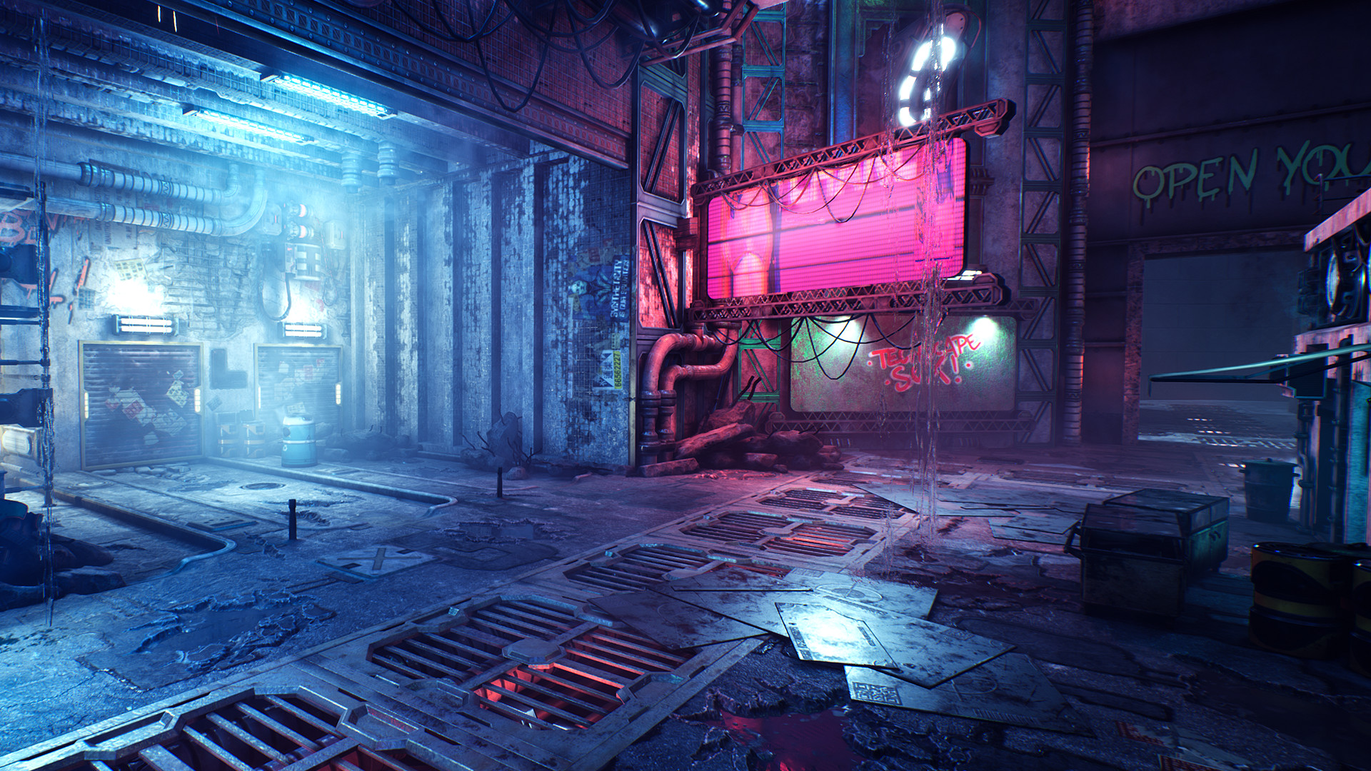 Dharma City alleyway with neon signs HD Wallpaper