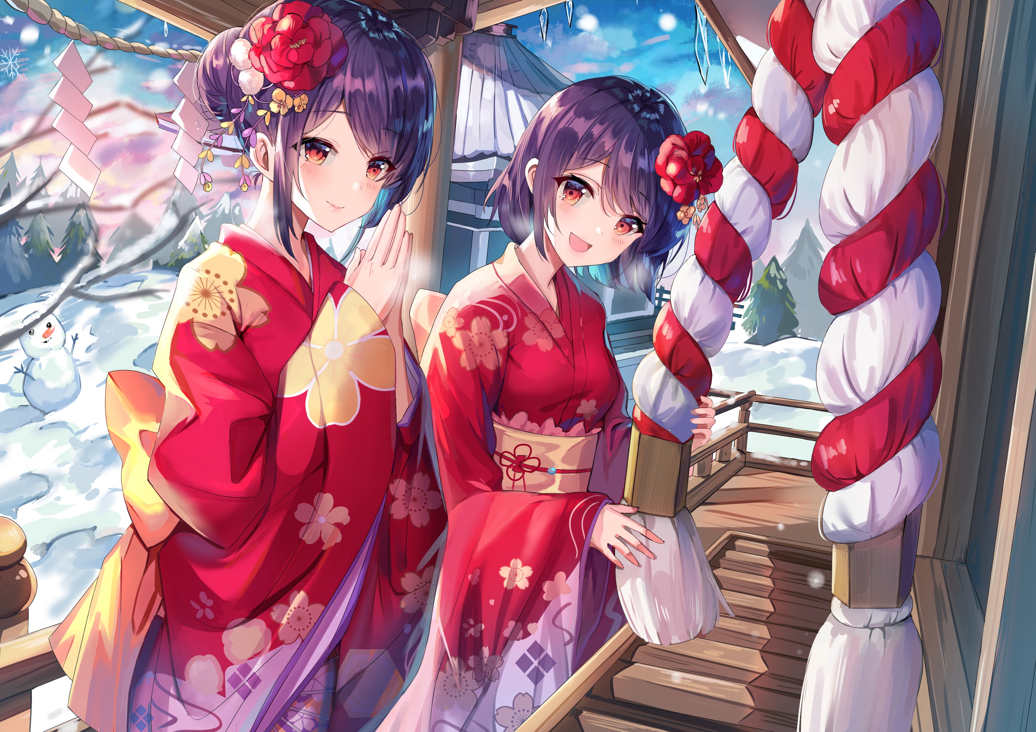 Two anime girls in kimonos in the snow HD Wallpaper