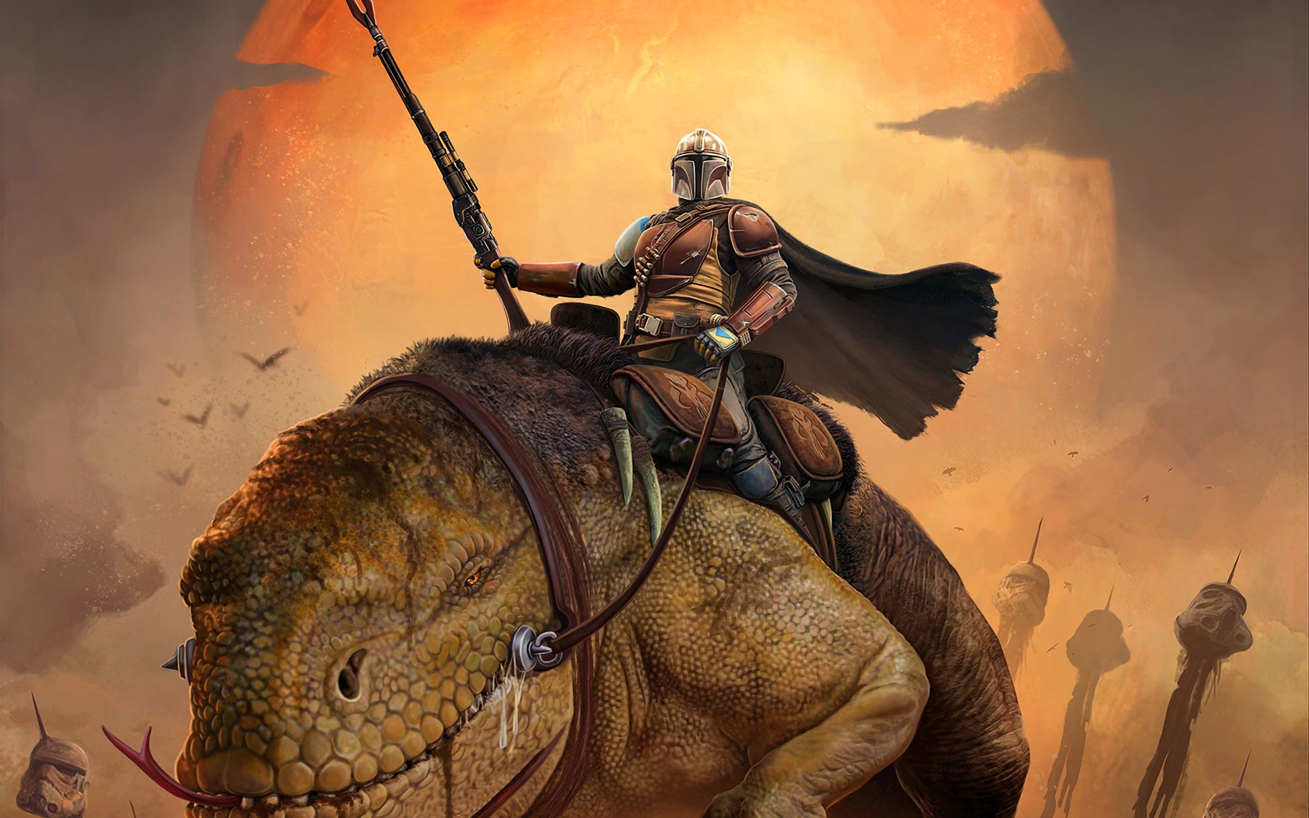 The Mandalorian riding a creature from Star Wars HD Wallpaper