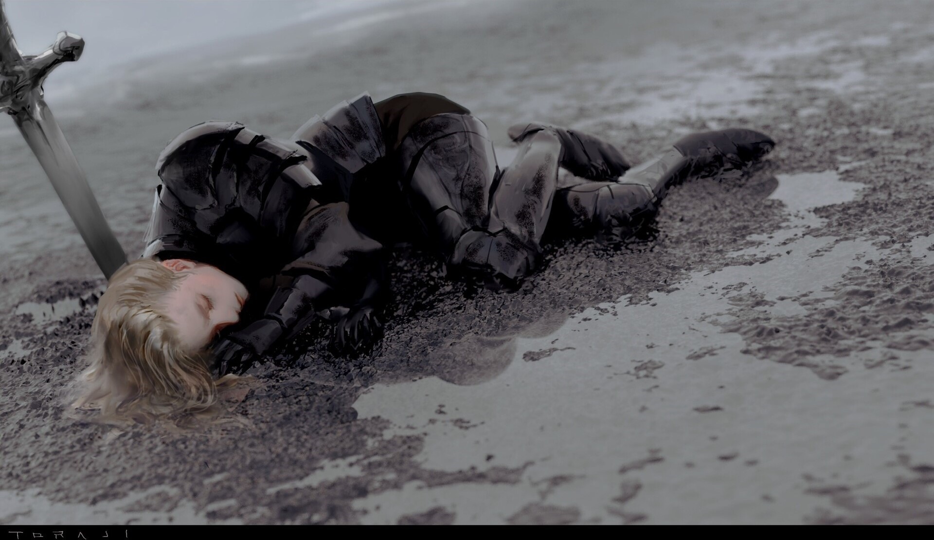 Armored person lying on the ground next to a sword HD Wallpaper