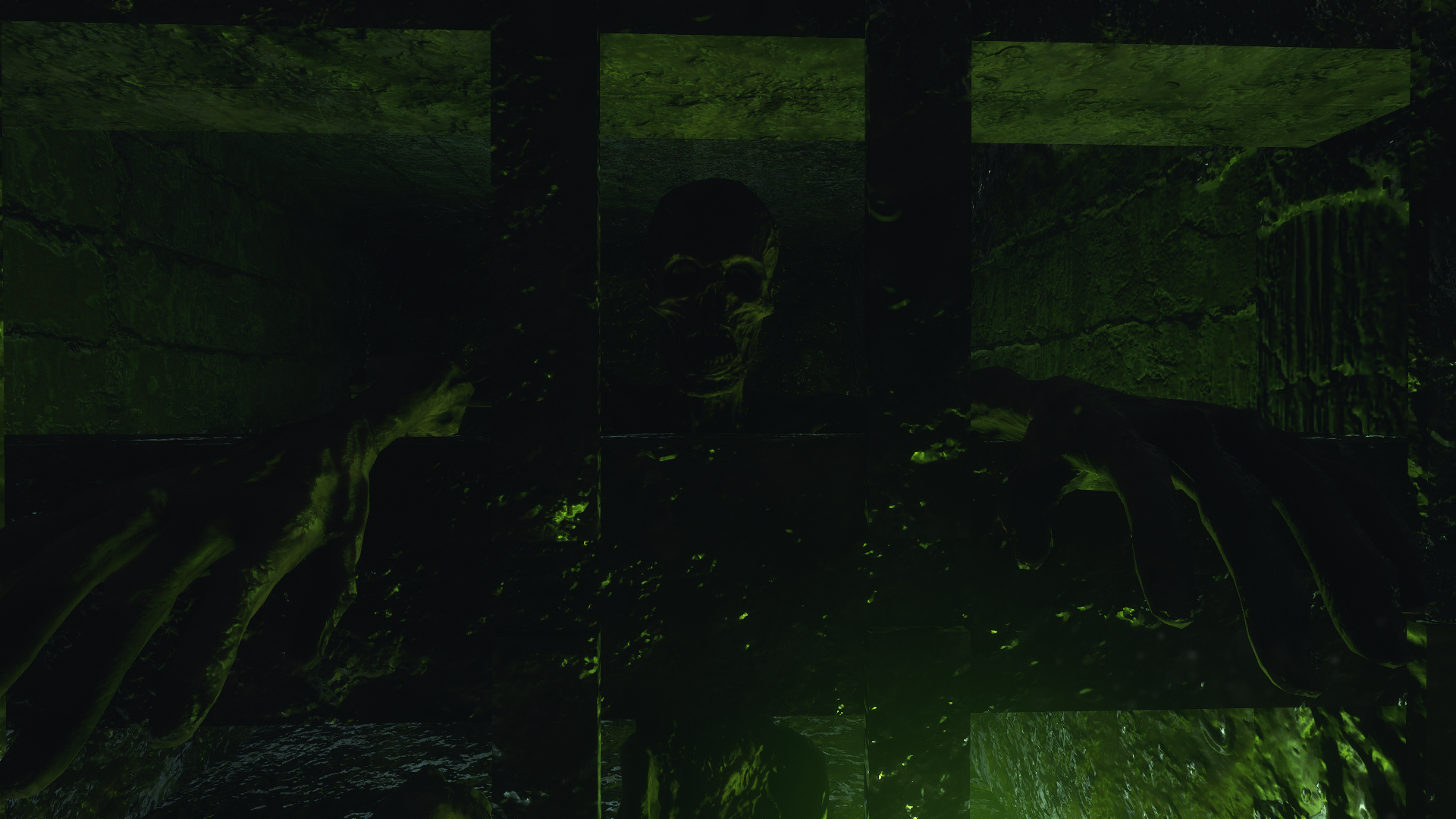 Skeleton and hands in dark green environment from Metro Exodus HD Wallpaper