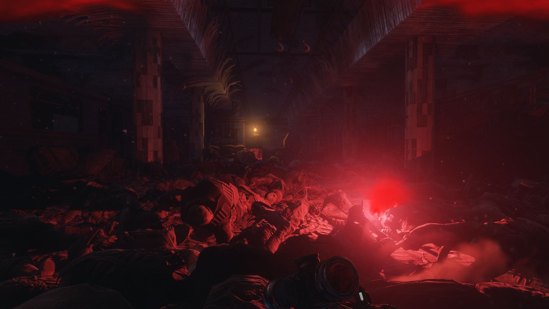 Metro Exodus screenshot of a dark, apocalyptic tunnel with red light HD Wallpaper