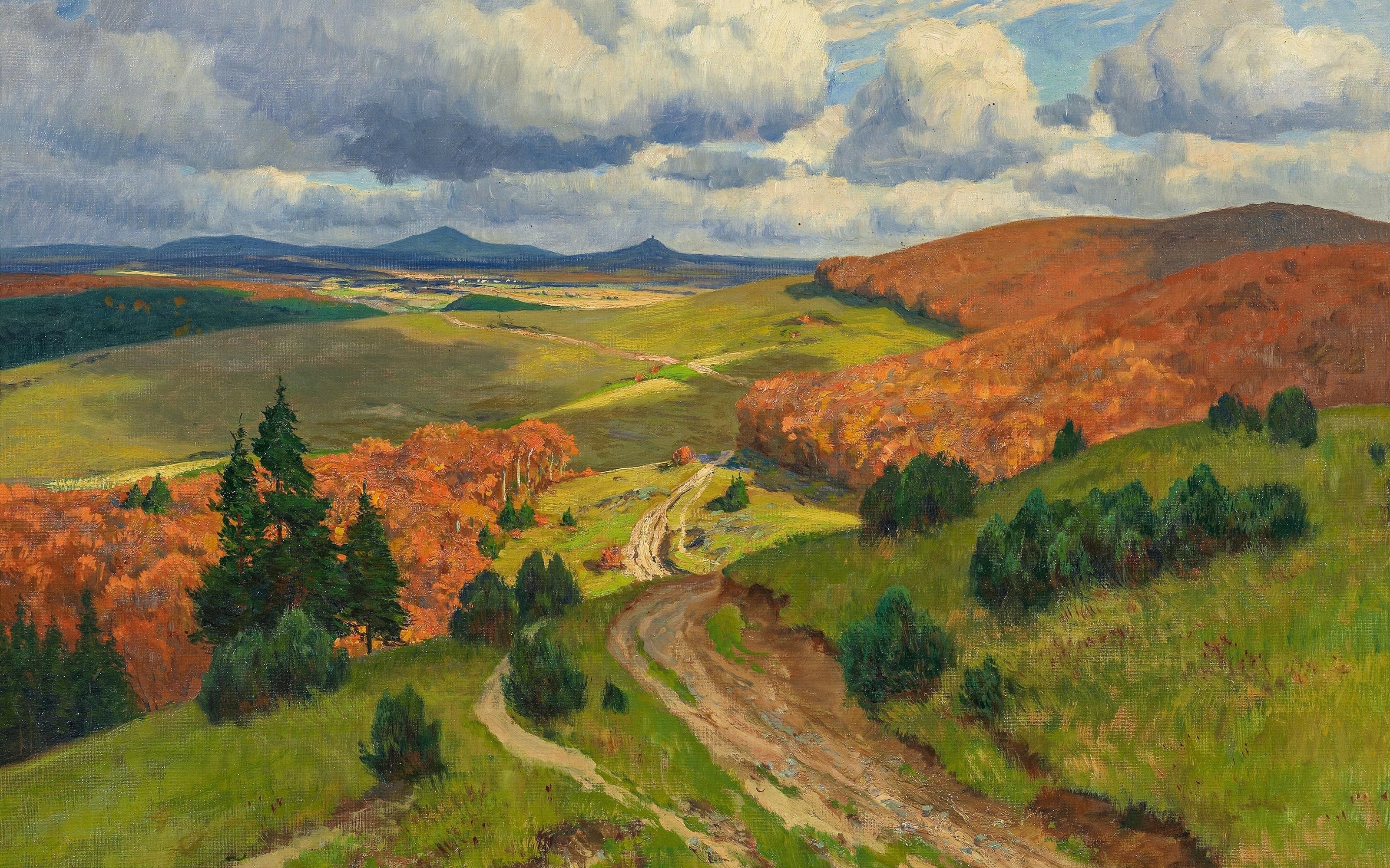 Landscape painting of hills and valleys in autumn by Fritz von Wille HD Wallpaper