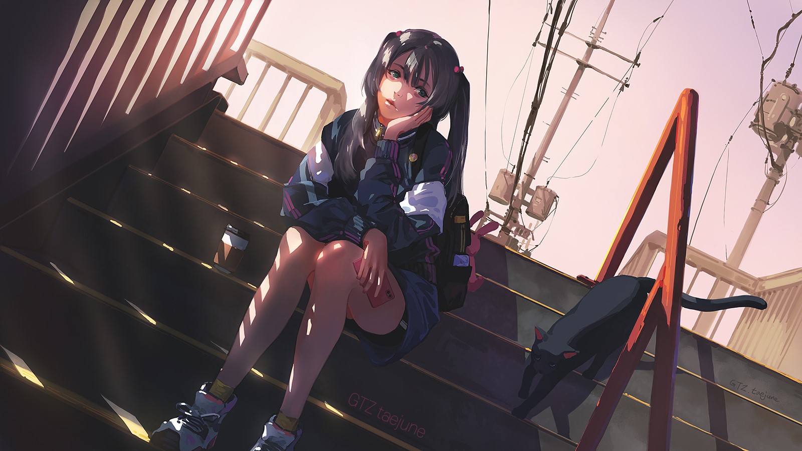 Anime girl with pigtails and cat on stairs HD Wallpaper