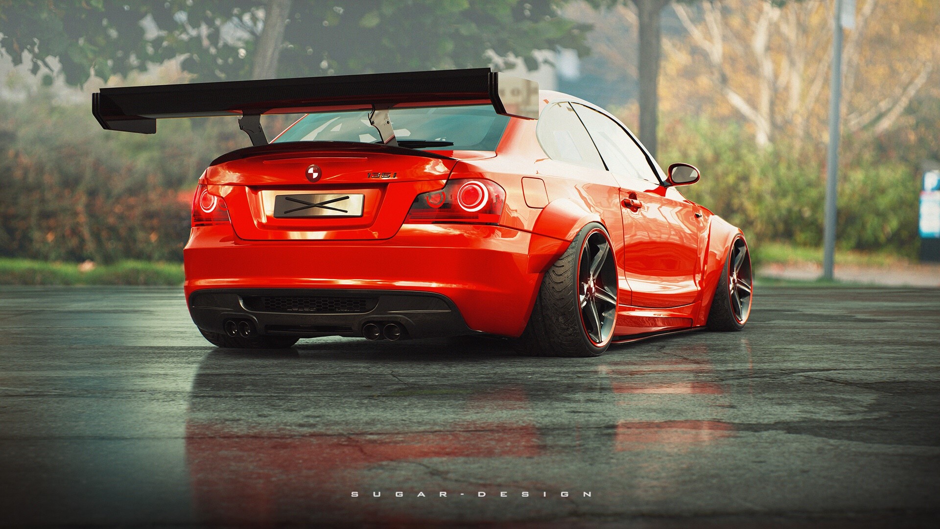 Red BMW 1 Series with large rear wing HD Wallpaper