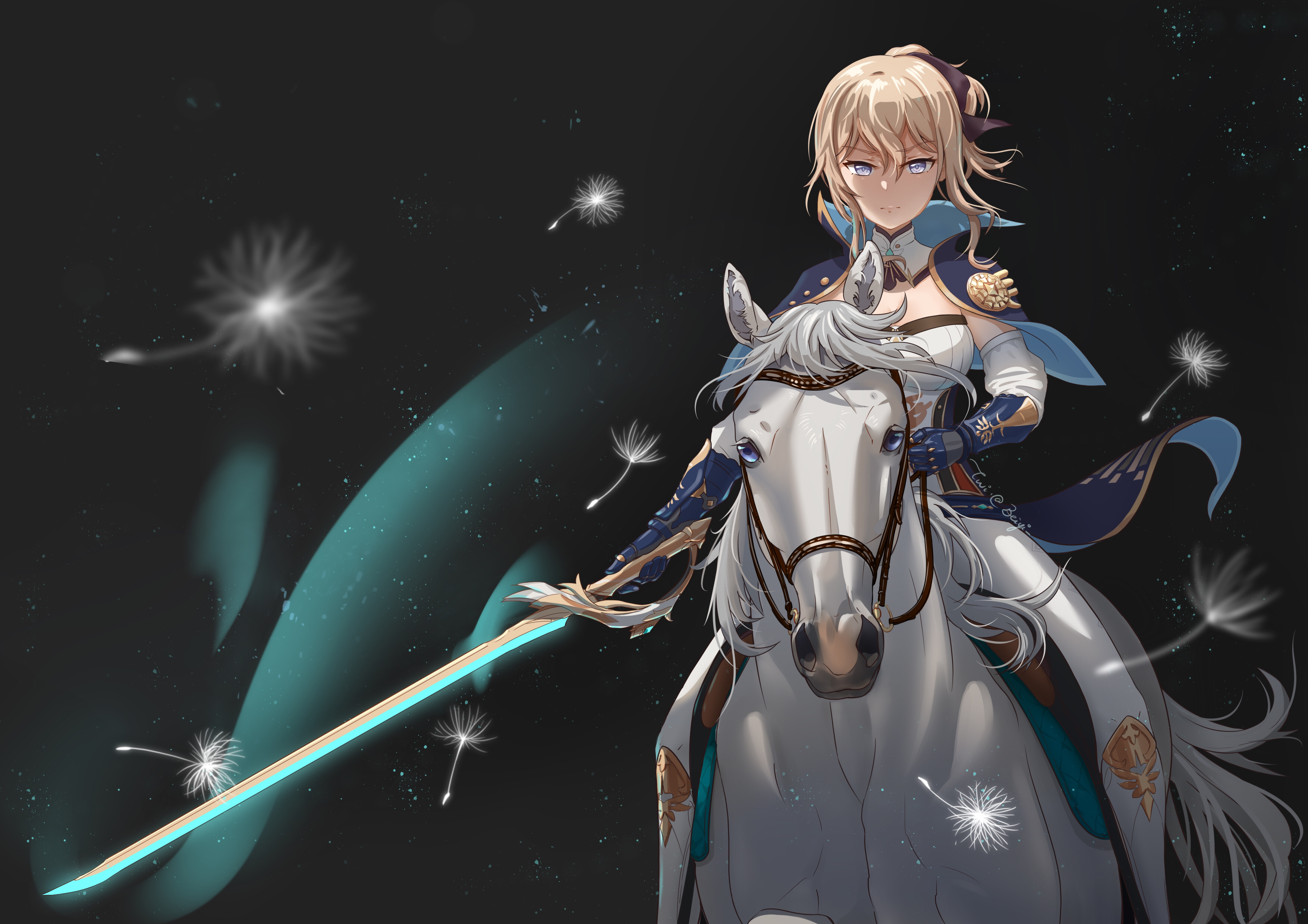 Jean from Genshin Impact on a white horse with a glowing sword HD Wallpaper