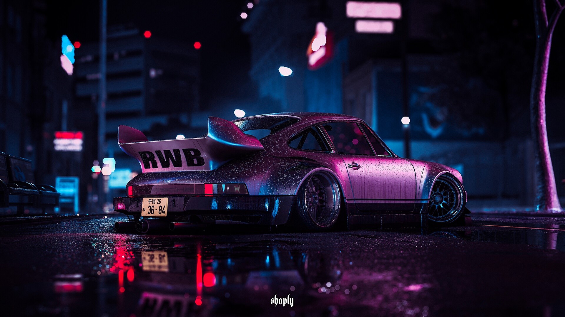 RWB Porsche 911 on a wet street at night HD Wallpaper