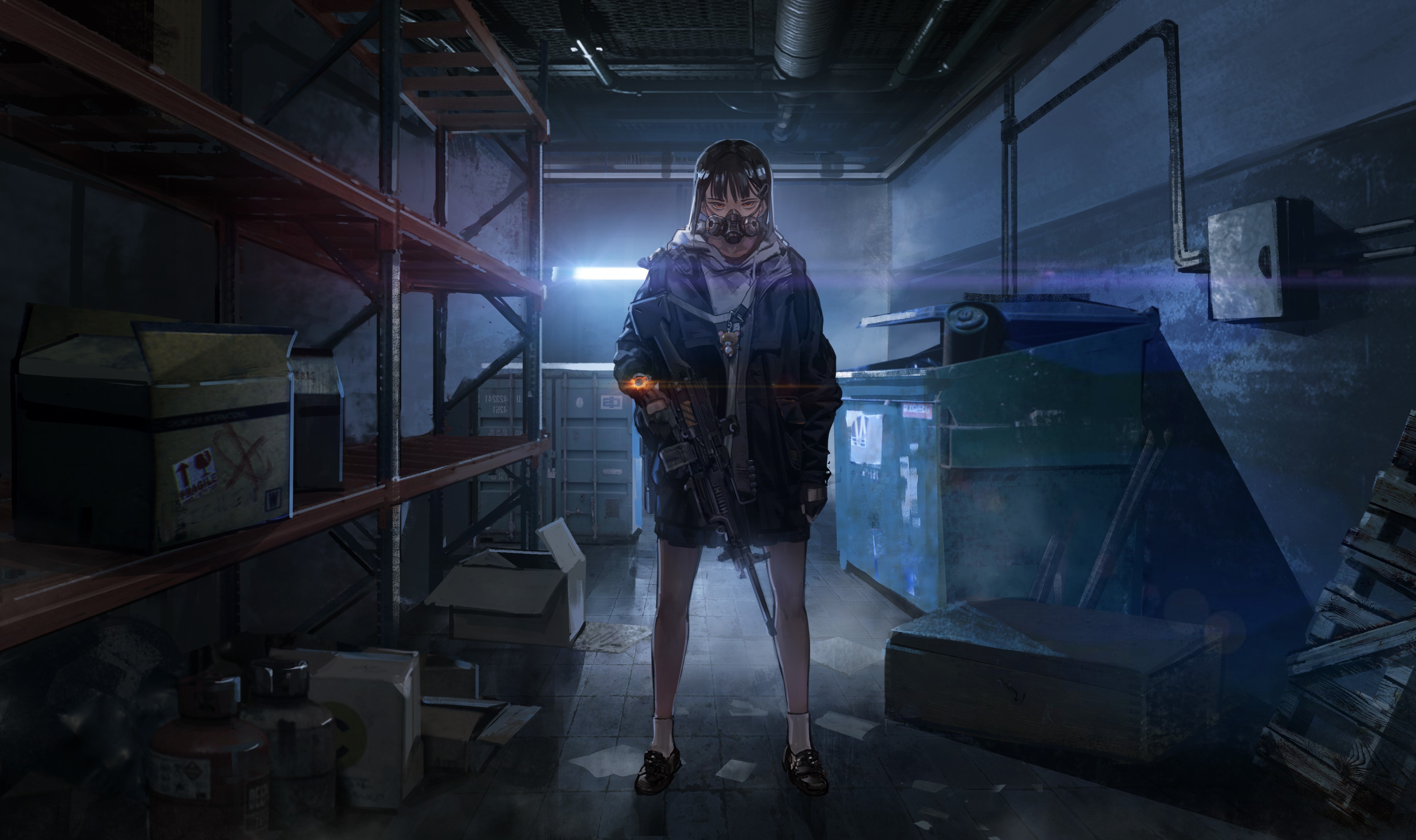 Anime girl with gas mask and rifle in warehouse HD Wallpaper