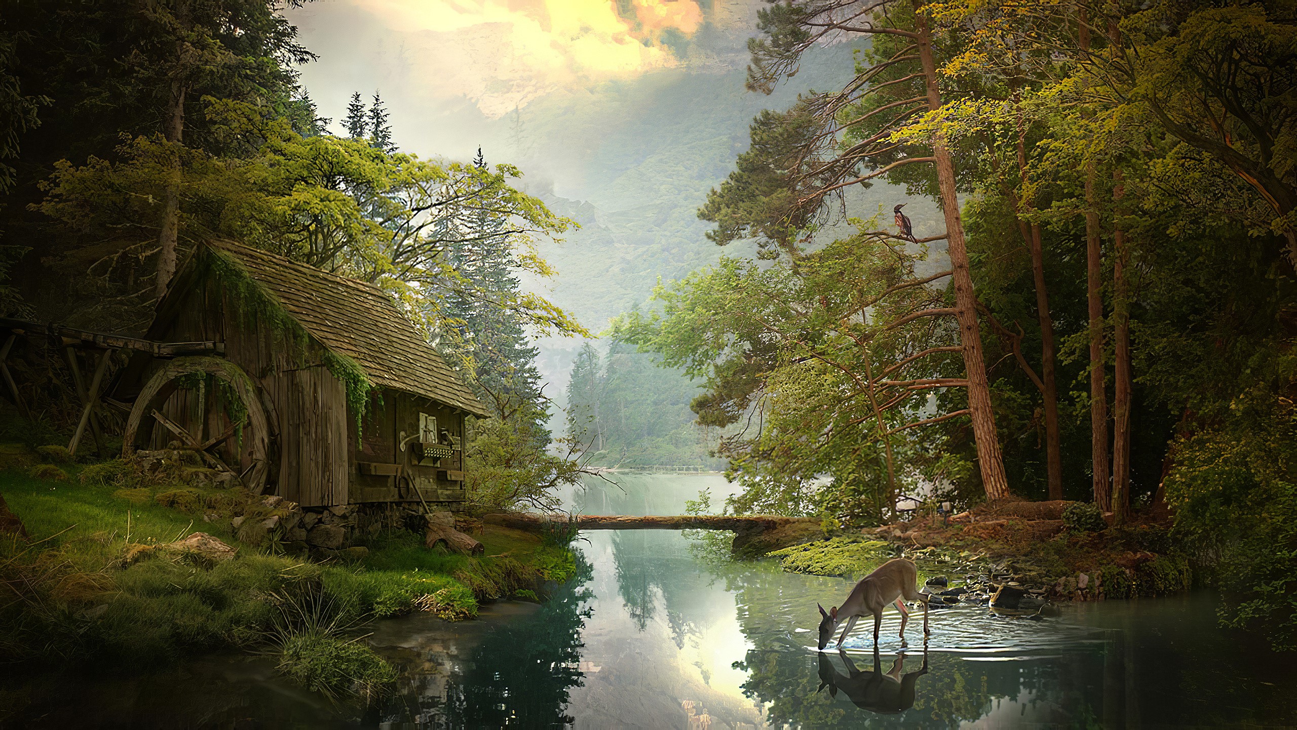 Old mill by a river with a deer and a bird HD Wallpaper