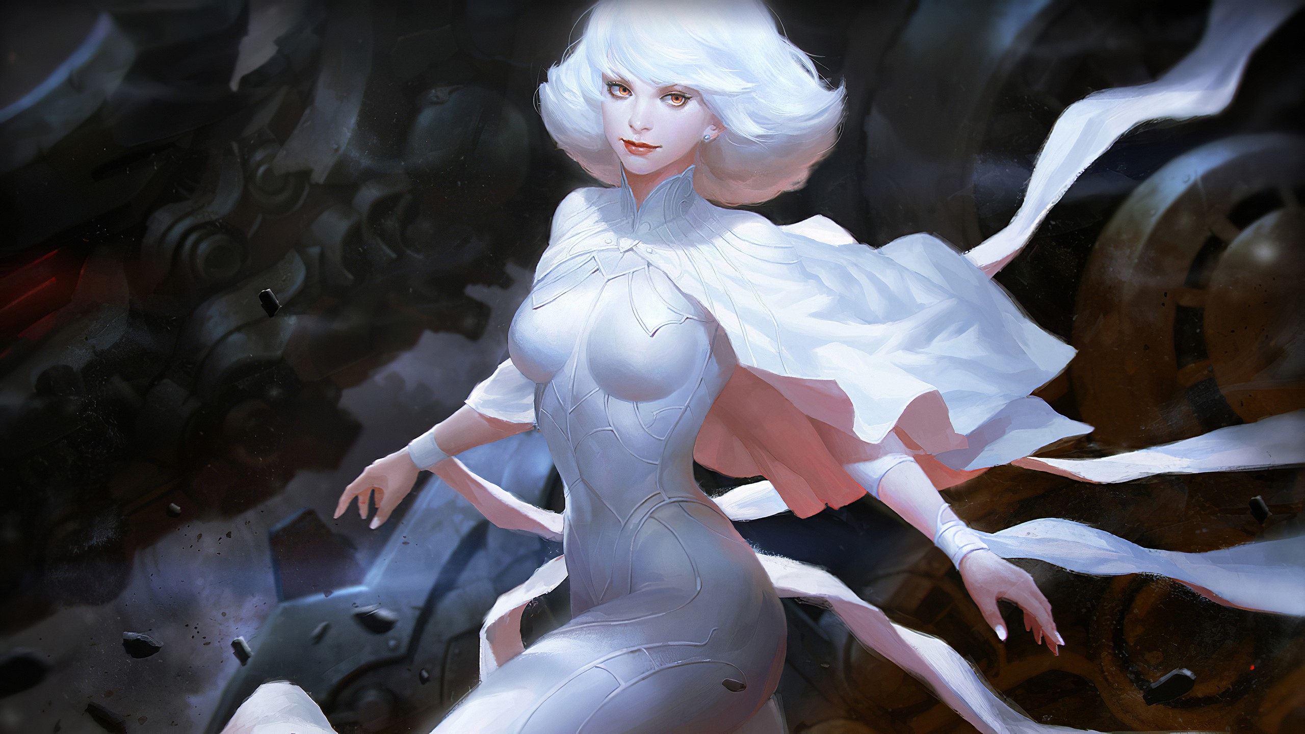 Woman with white hair in a white outfit HD Wallpaper