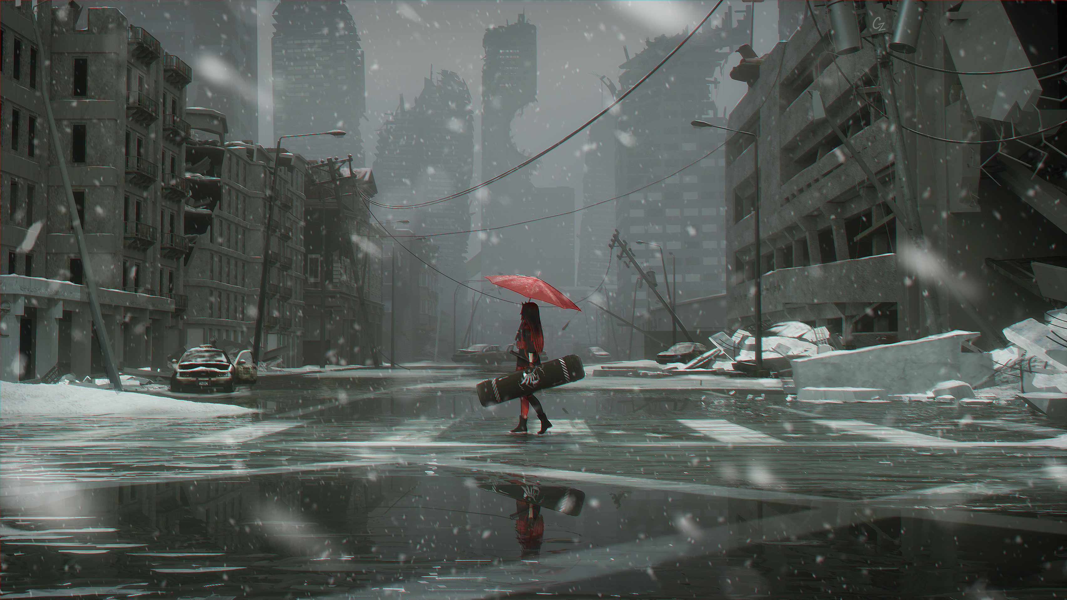 Girl with umbrella and snowboard in apocalyptic city HD Wallpaper