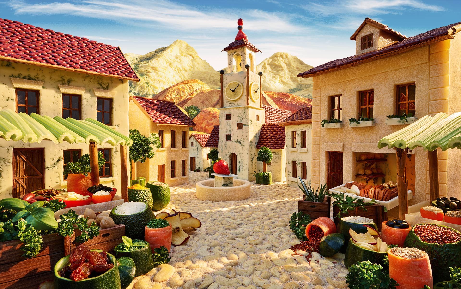 Food art village with clock tower and mountains HD Wallpaper