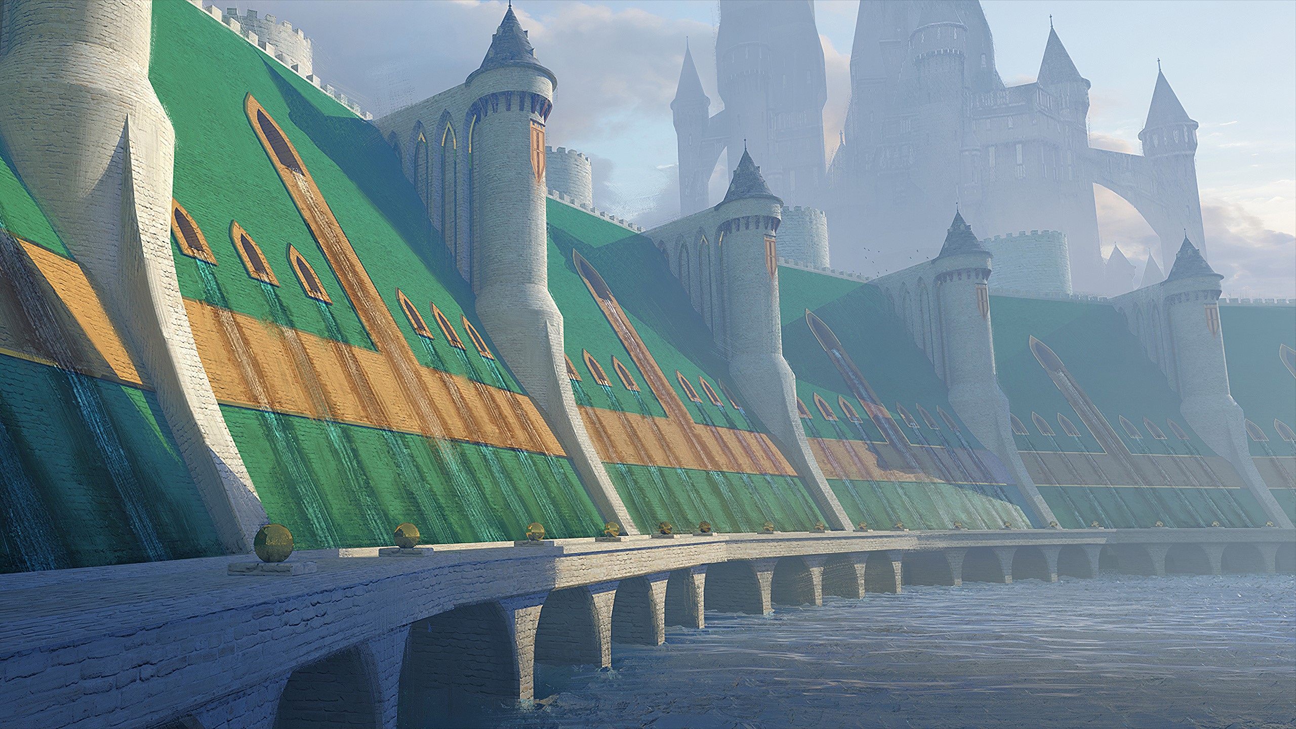 Fantasy castle architecture with a large dam and water HD Wallpaper